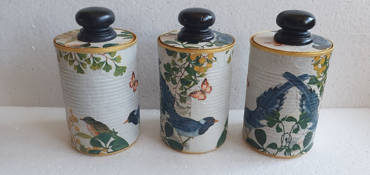 Upcycle Tin Can Desk Tidy With Lid Black Green Gold Blue Green Birds Butterflies Decoupage Hand Decorated Home Decor Gift