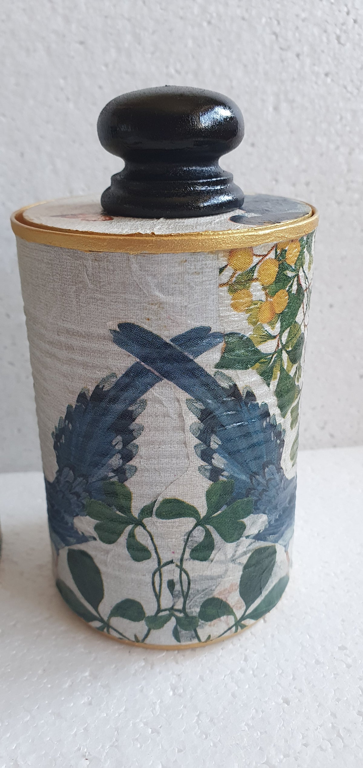 Upcycle Tin Can Desk Tidy With Lid Black Green Gold Blue Green Birds Butterflies Decoupage Hand Decorated Home Decor Gift