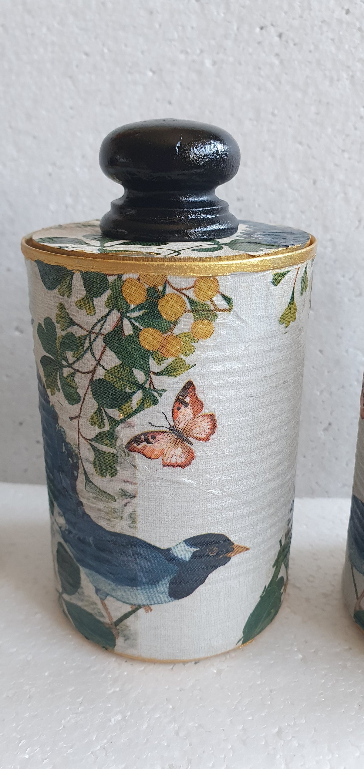Upcycle Tin Can Desk Tidy With Lid Black Green Gold Blue Green Birds Butterflies Decoupage Hand Decorated Home Decor Gift