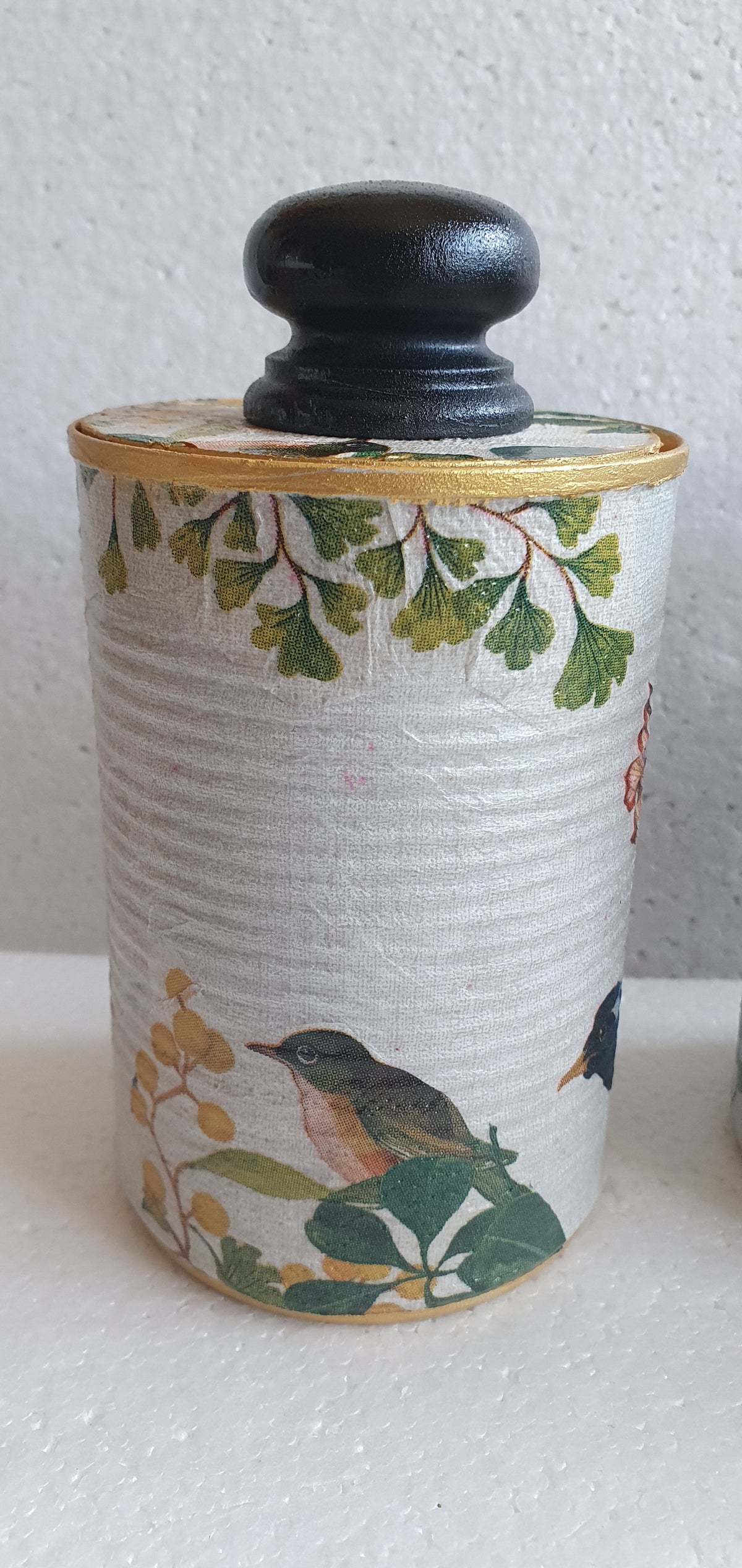 Upcycle Tin Can Desk Tidy With Lid Black Green Gold Blue Green Birds Butterflies Decoupage Hand Decorated Home Decor Gift
