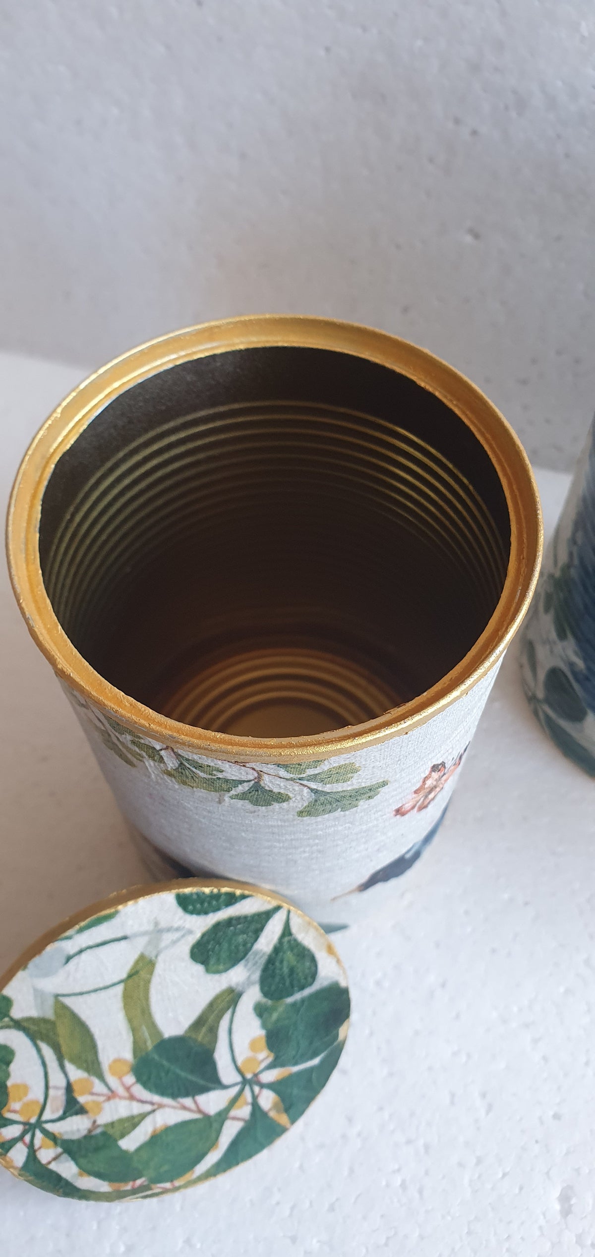Upcycle Tin Can Desk Tidy With Lid Black Green Gold Blue Green Birds Butterflies Decoupage Hand Decorated Home Decor Gift