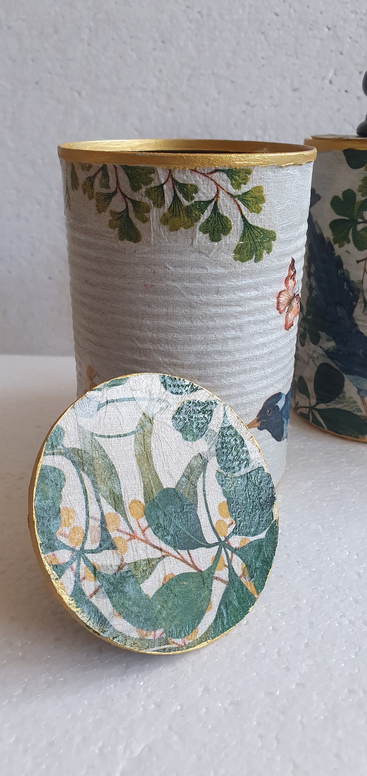 Upcycle Tin Can Desk Tidy With Lid Black Green Gold Blue Green Birds Butterflies Decoupage Hand Decorated Home Decor Gift