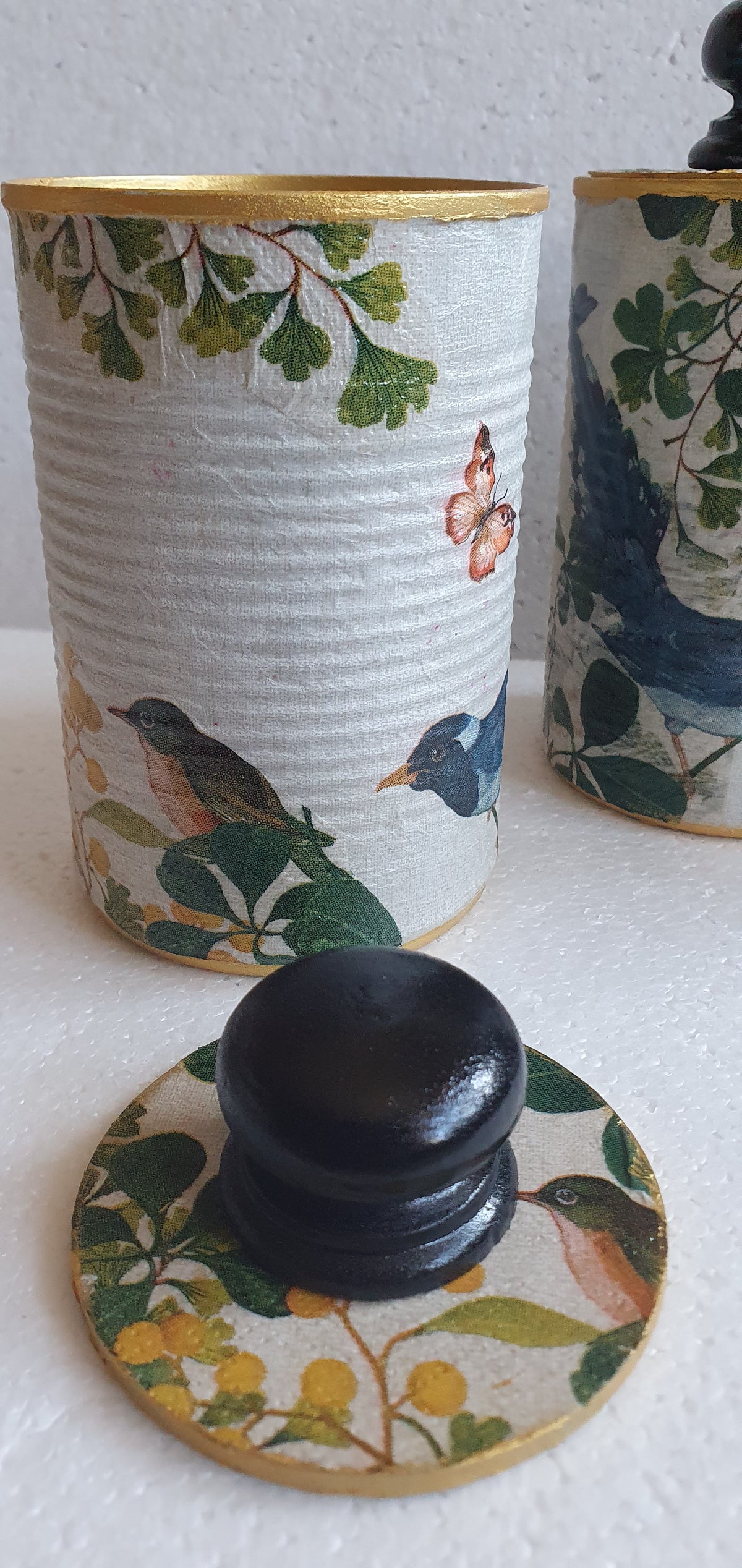 Upcycle Tin Can Desk Tidy With Lid Black Green Gold Blue Green Birds Butterflies Decoupage Hand Decorated Home Decor Gift