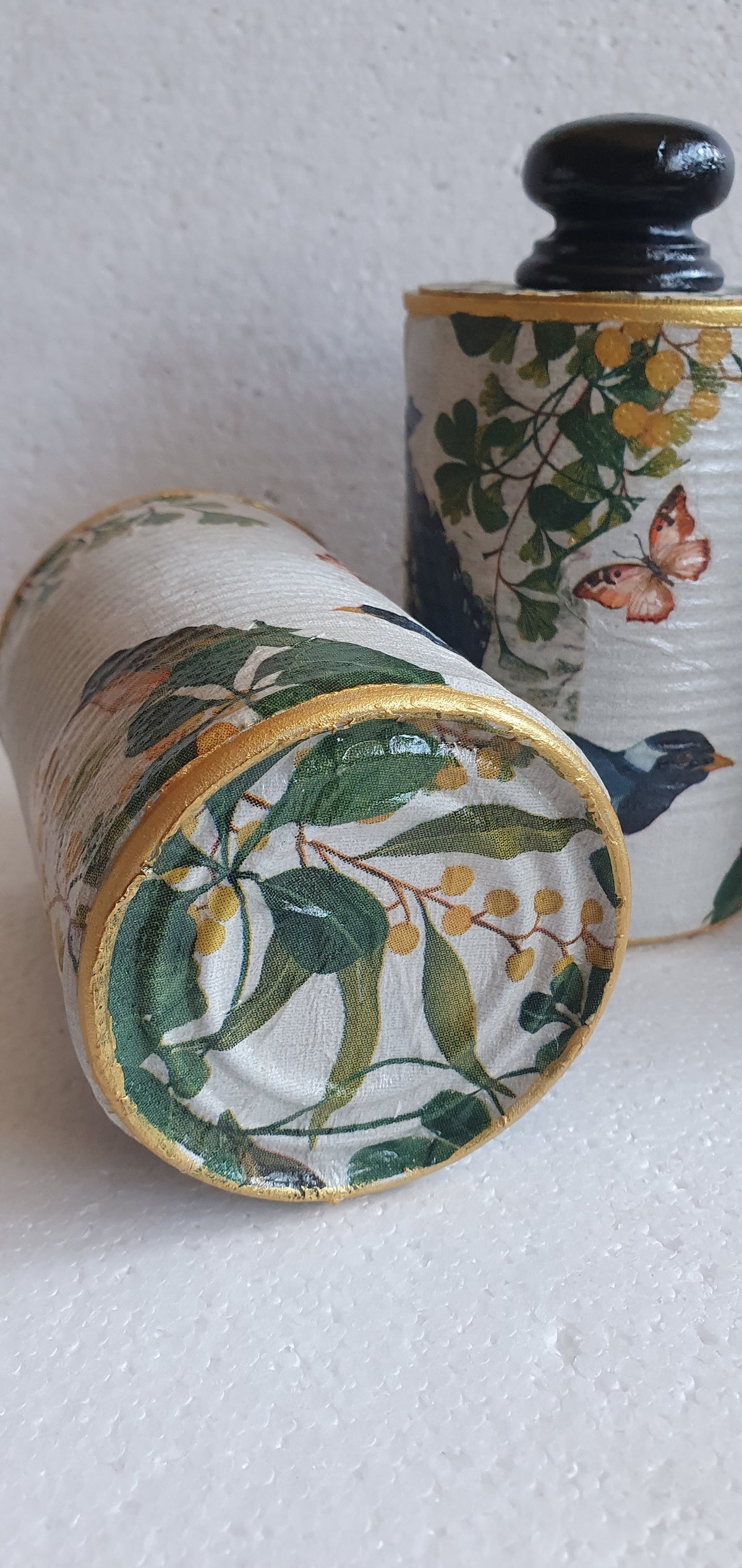 Upcycle Tin Can Desk Tidy With Lid Black Green Gold Blue Green Birds Butterflies Decoupage Hand Decorated Home Decor Gift