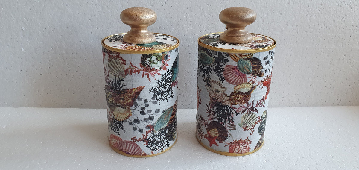 Upcycle Tin Can Desk Tidy With Lid Shells Sea Red Gold White Brown Decoupage Hand Decorated Home Decor Gift