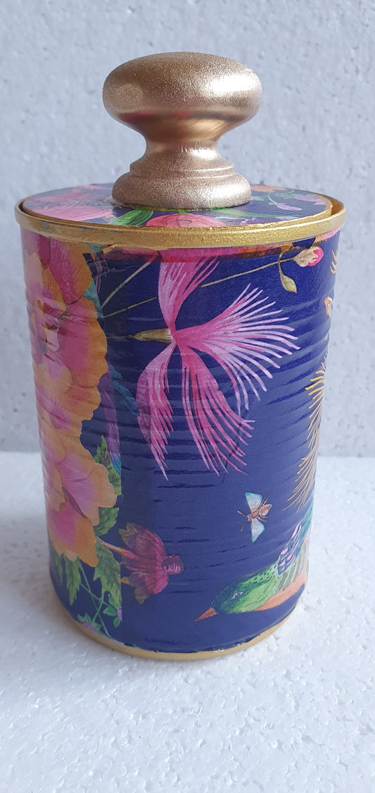 Upcycle Tin Can Desk Tidy With Lid Green Gold Pink Blue Orange Yellow Birds Decoupage Hand Decorated Home Decor Gift