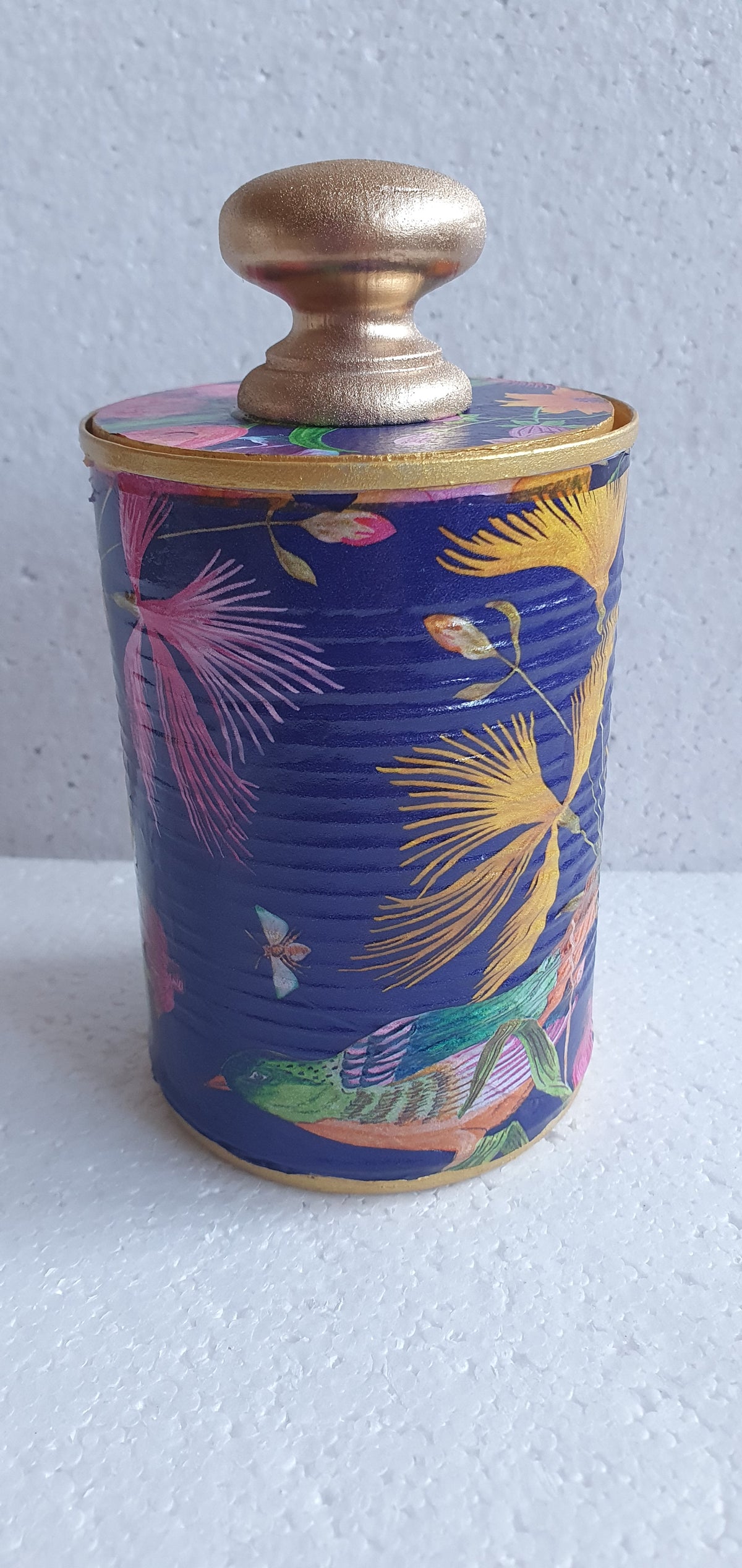Upcycle Tin Can Desk Tidy With Lid Green Gold Pink Blue Orange Yellow Birds Decoupage Hand Decorated Home Decor Gift