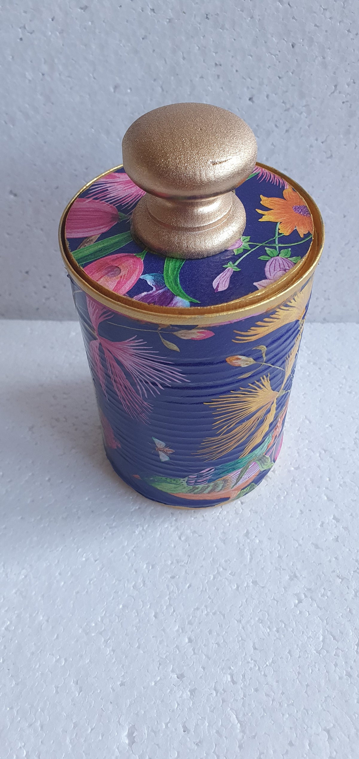 Upcycle Tin Can Desk Tidy With Lid Green Gold Pink Blue Orange Yellow Birds Decoupage Hand Decorated Home Decor Gift