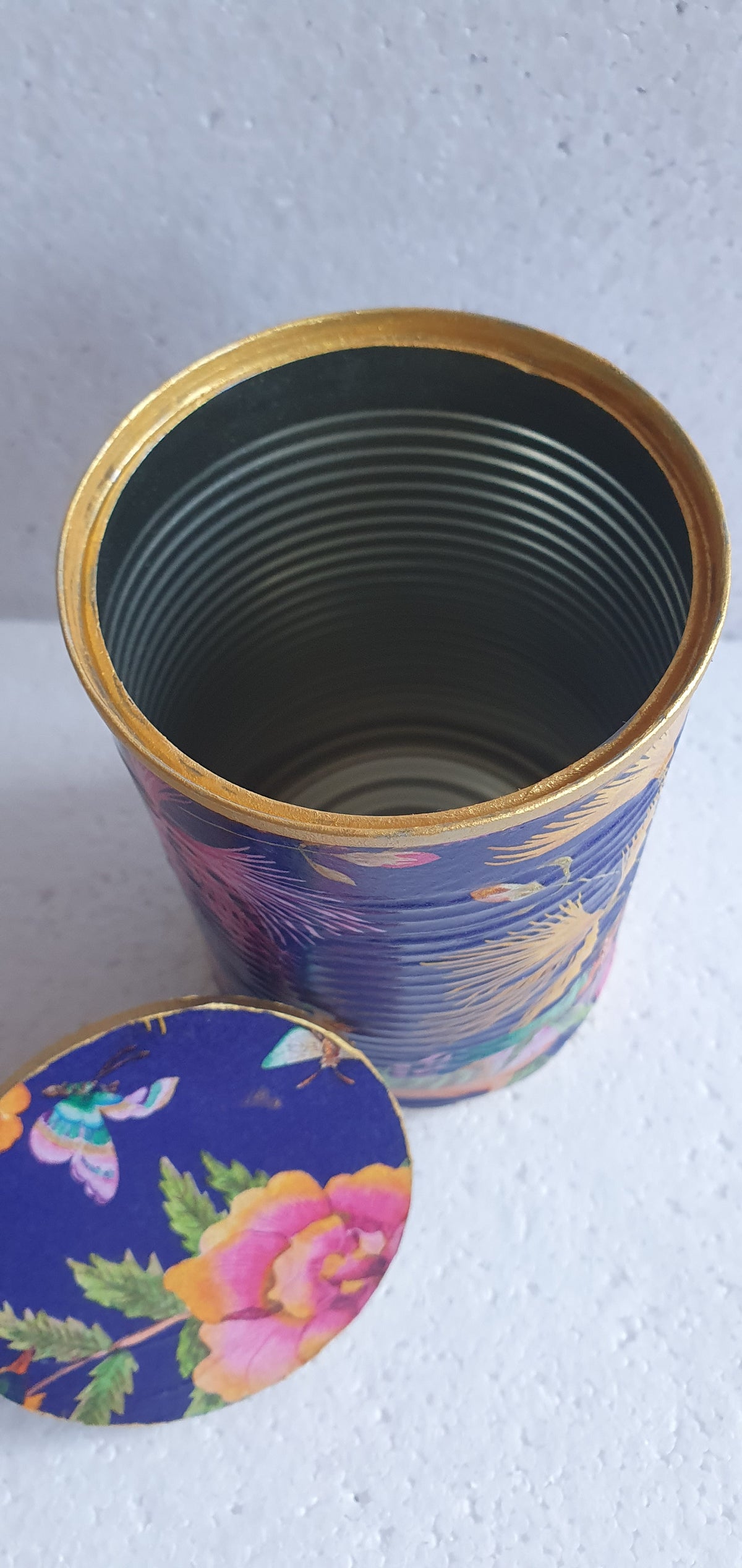 Upcycle Tin Can Desk Tidy With Lid Green Gold Pink Blue Orange Yellow Birds Decoupage Hand Decorated Home Decor Gift