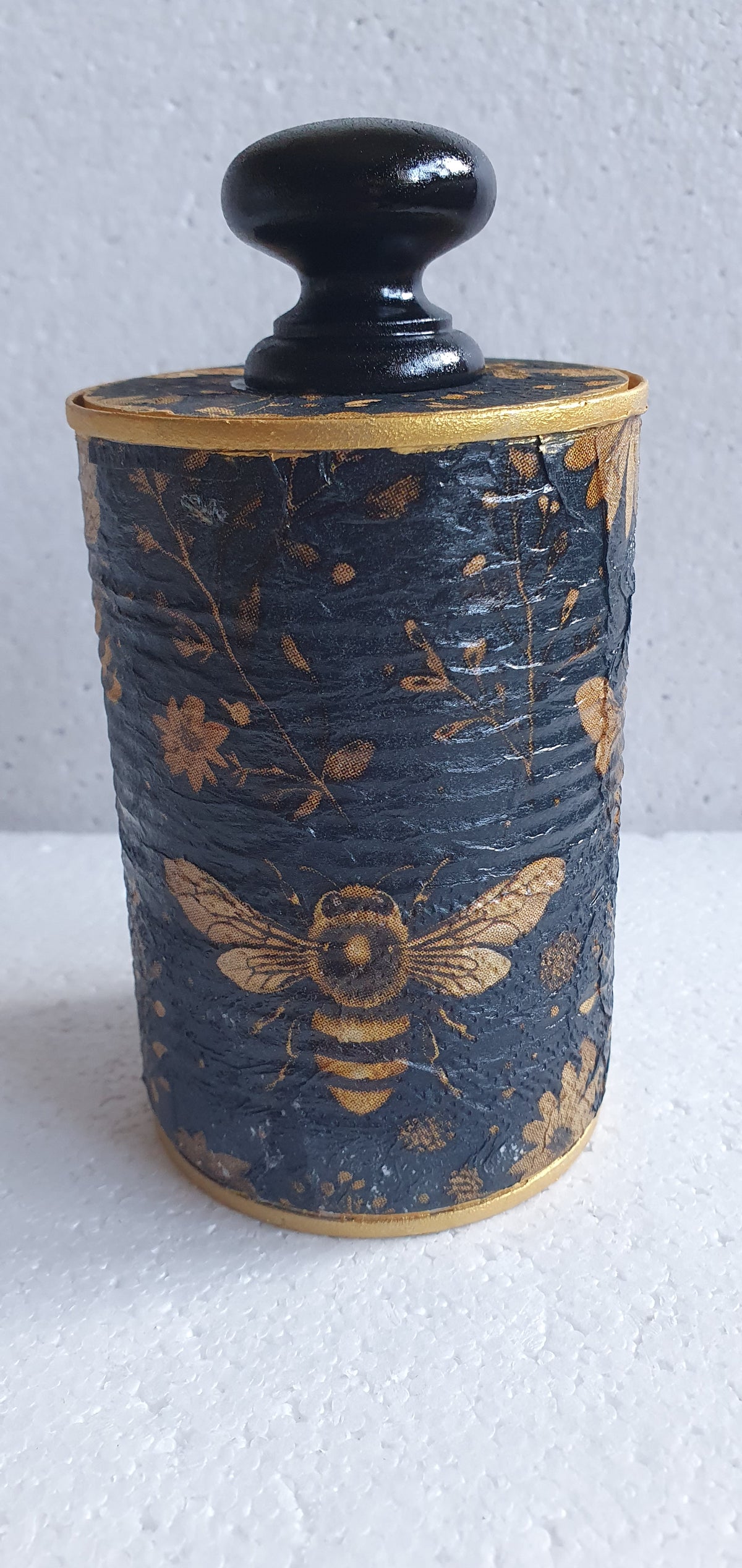 Upcycle Tin Can Desk Tidy With Lid Bees Flowers Brown Black Gold Black Decoupage Hand Decorated Home Decor Gift