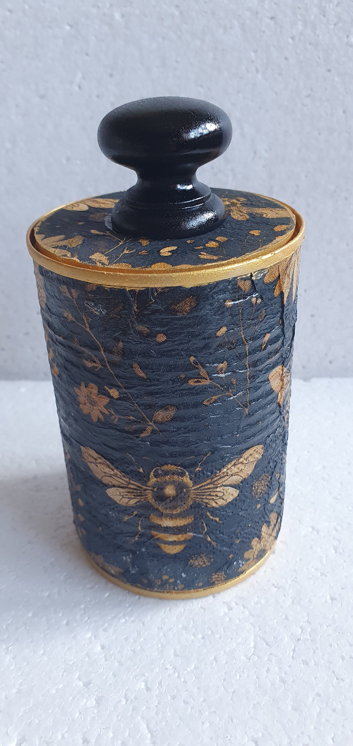 Upcycle Tin Can Desk Tidy With Lid Bees Flowers Brown Black Gold Black Decoupage Hand Decorated Home Decor Gift