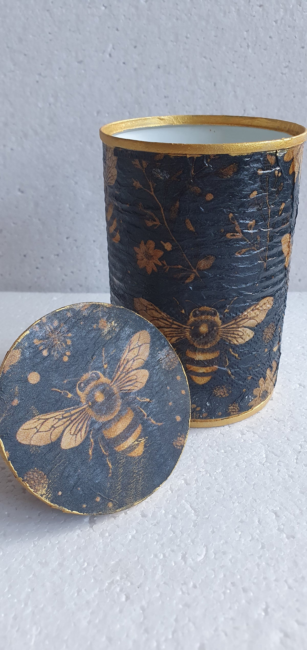 Upcycle Tin Can Desk Tidy With Lid Bees Flowers Brown Black Gold Black Decoupage Hand Decorated Home Decor Gift