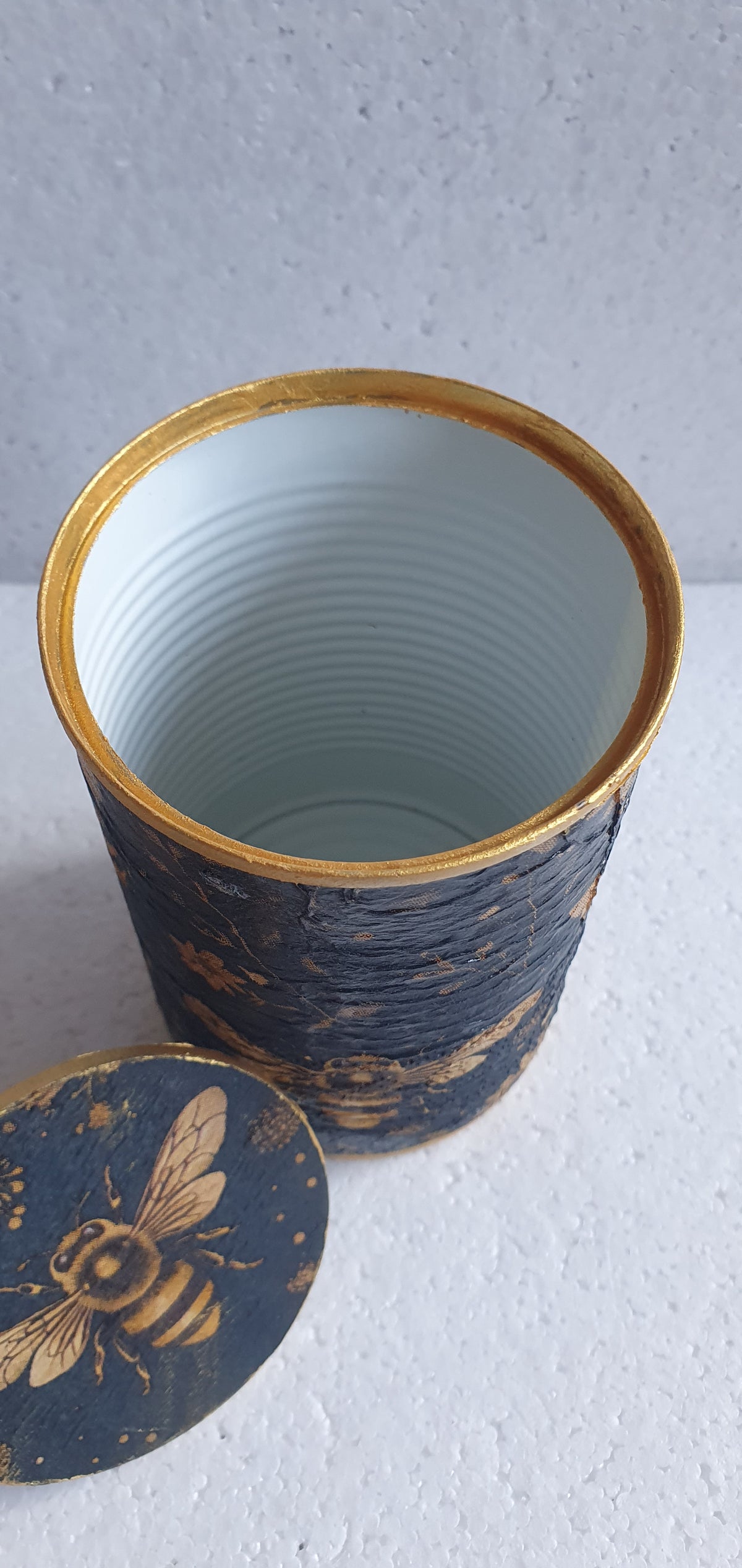 Upcycle Tin Can Desk Tidy With Lid Bees Flowers Brown Black Gold Black Decoupage Hand Decorated Home Decor Gift