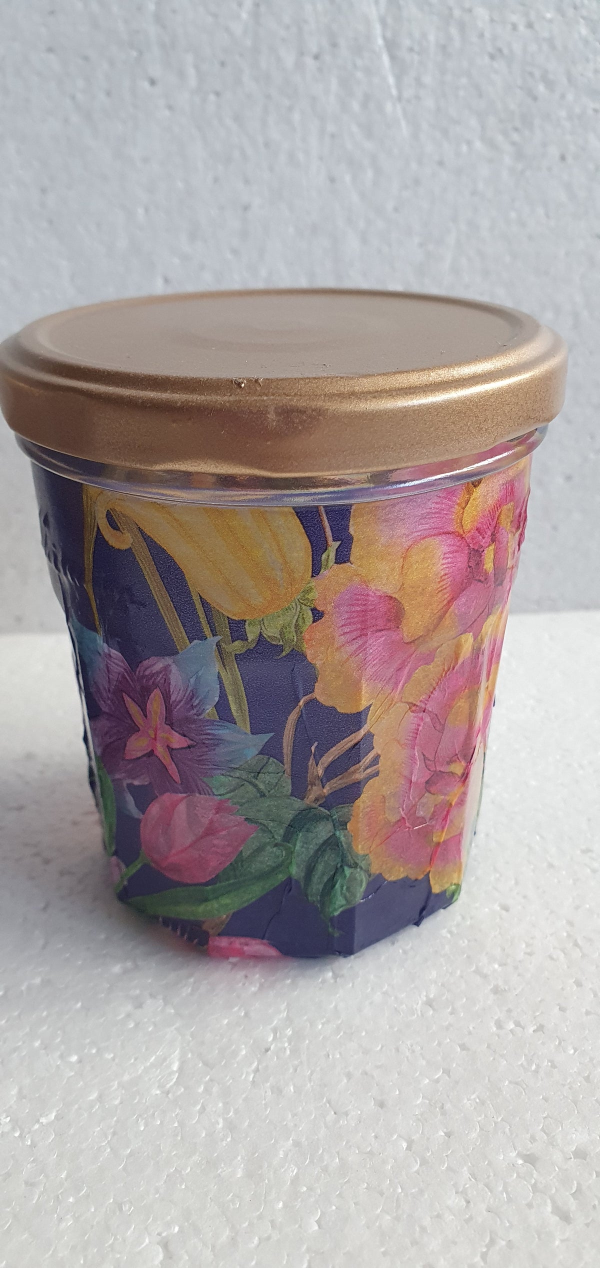 Hand Decorated Storage Jar Blue Pink Orange Gold Floral Crafters Gift