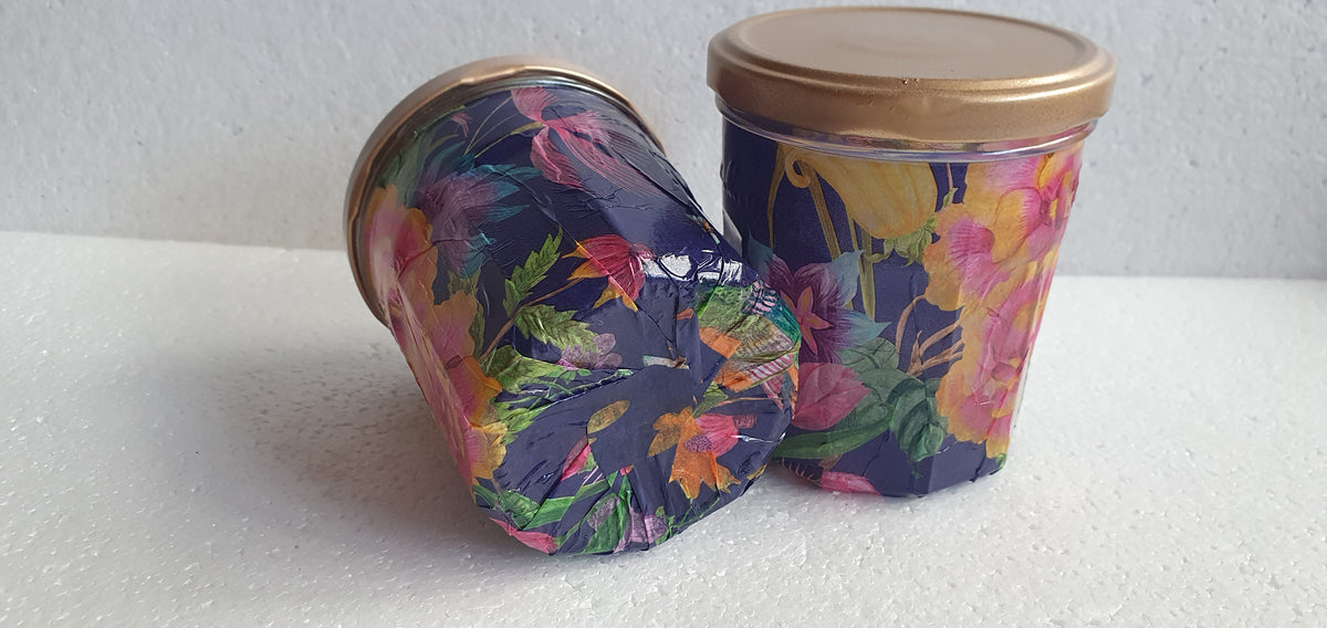 Hand Decorated Storage Jar Blue Pink Orange Gold Floral Crafters Gift