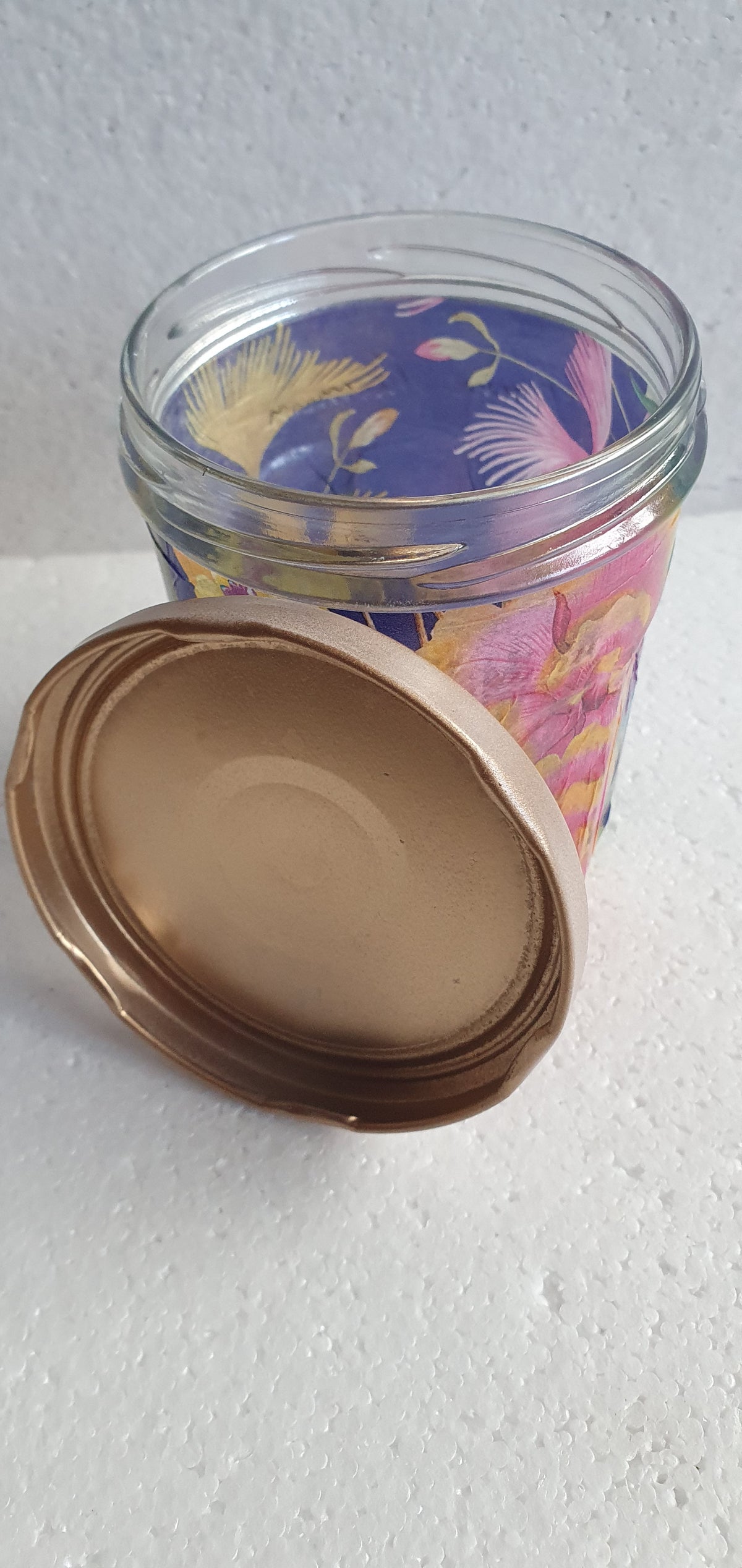 Hand Decorated Storage Jar Blue Pink Orange Gold Floral Crafters Gift