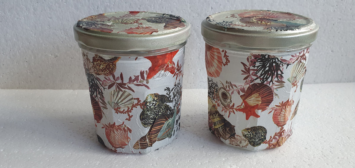 Hand Decorated Storage Jar White Brown Red Shells Marine Crafters Gift