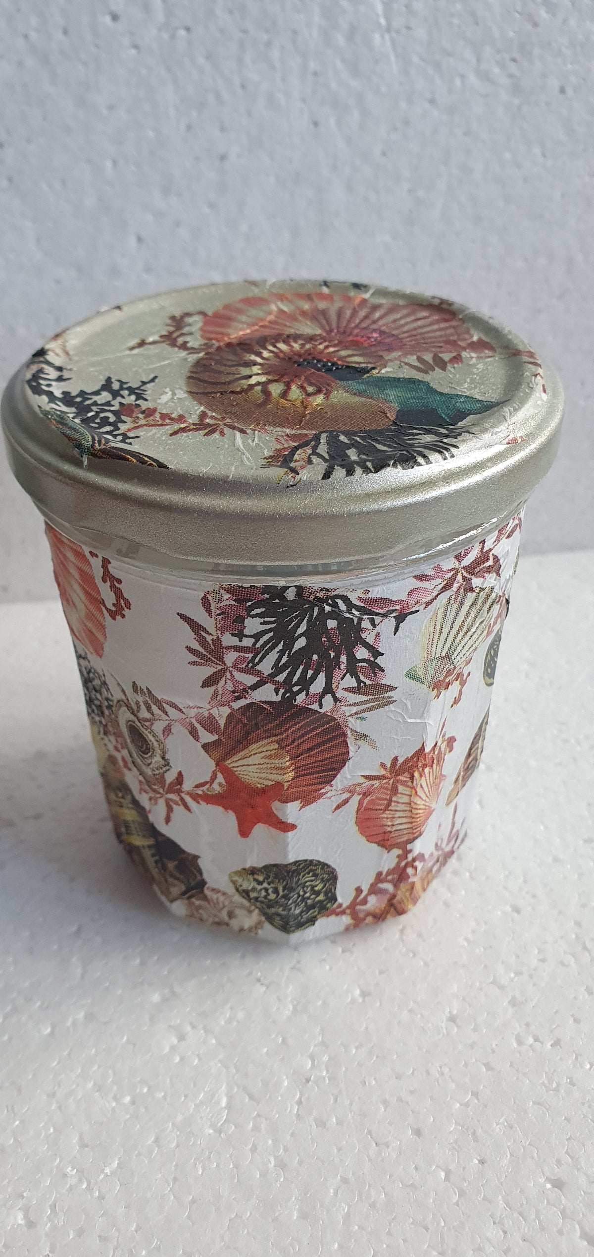 Hand Decorated Storage Jar White Brown Red Shells Marine Crafters Gift