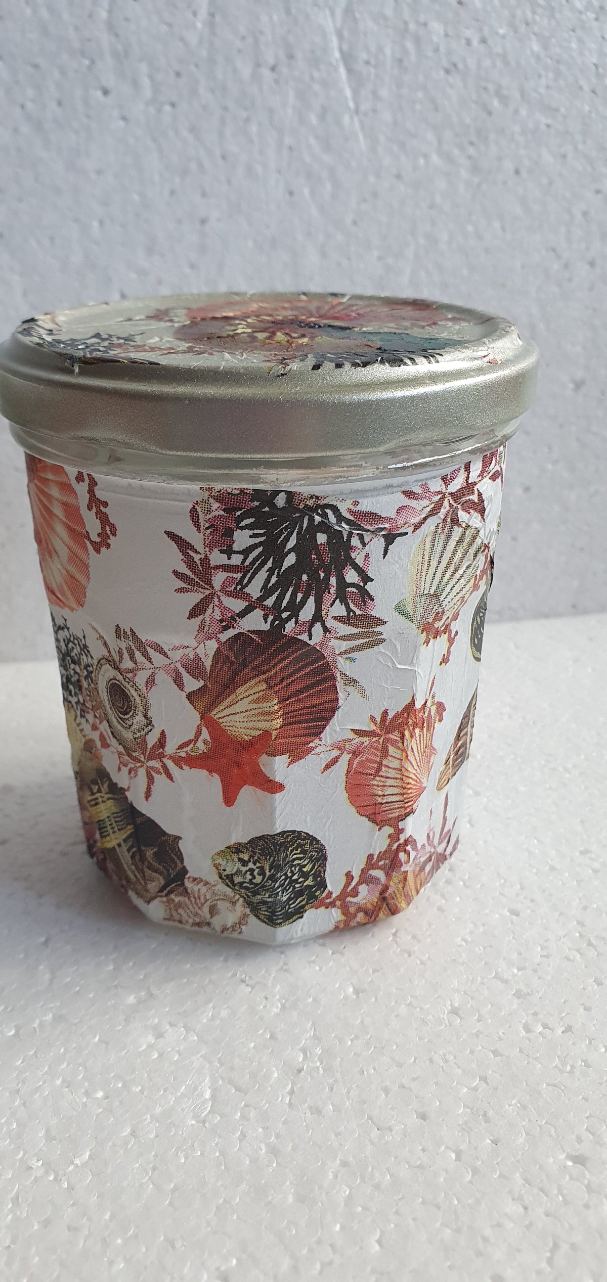 Hand Decorated Storage Jar White Brown Red Shells Marine Crafters Gift