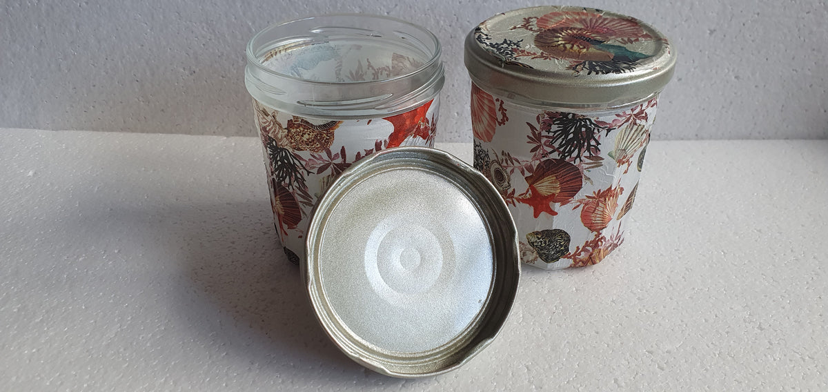 Hand Decorated Storage Jar White Brown Red Shells Marine Crafters Gift