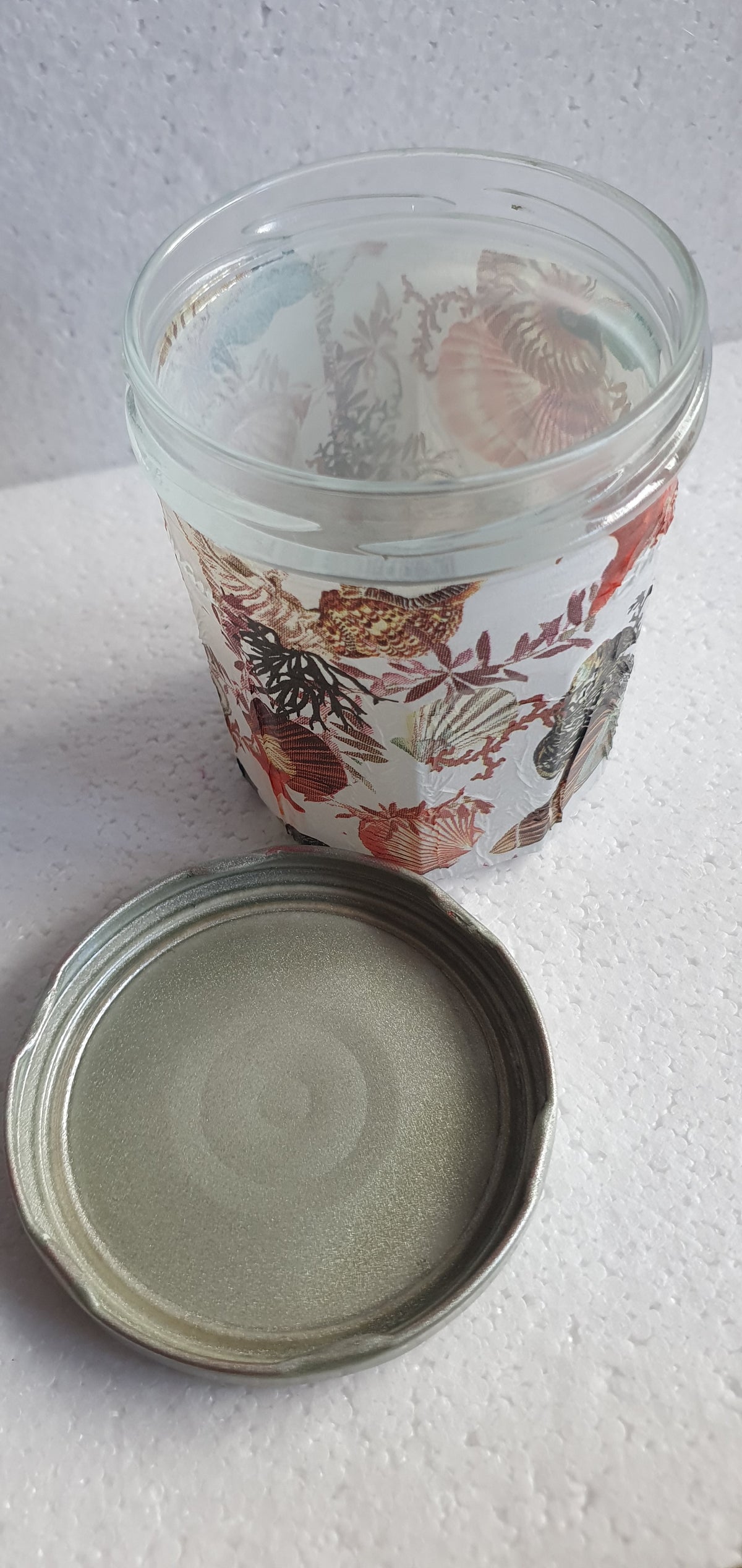 Hand Decorated Storage Jar White Brown Red Shells Marine Crafters Gift