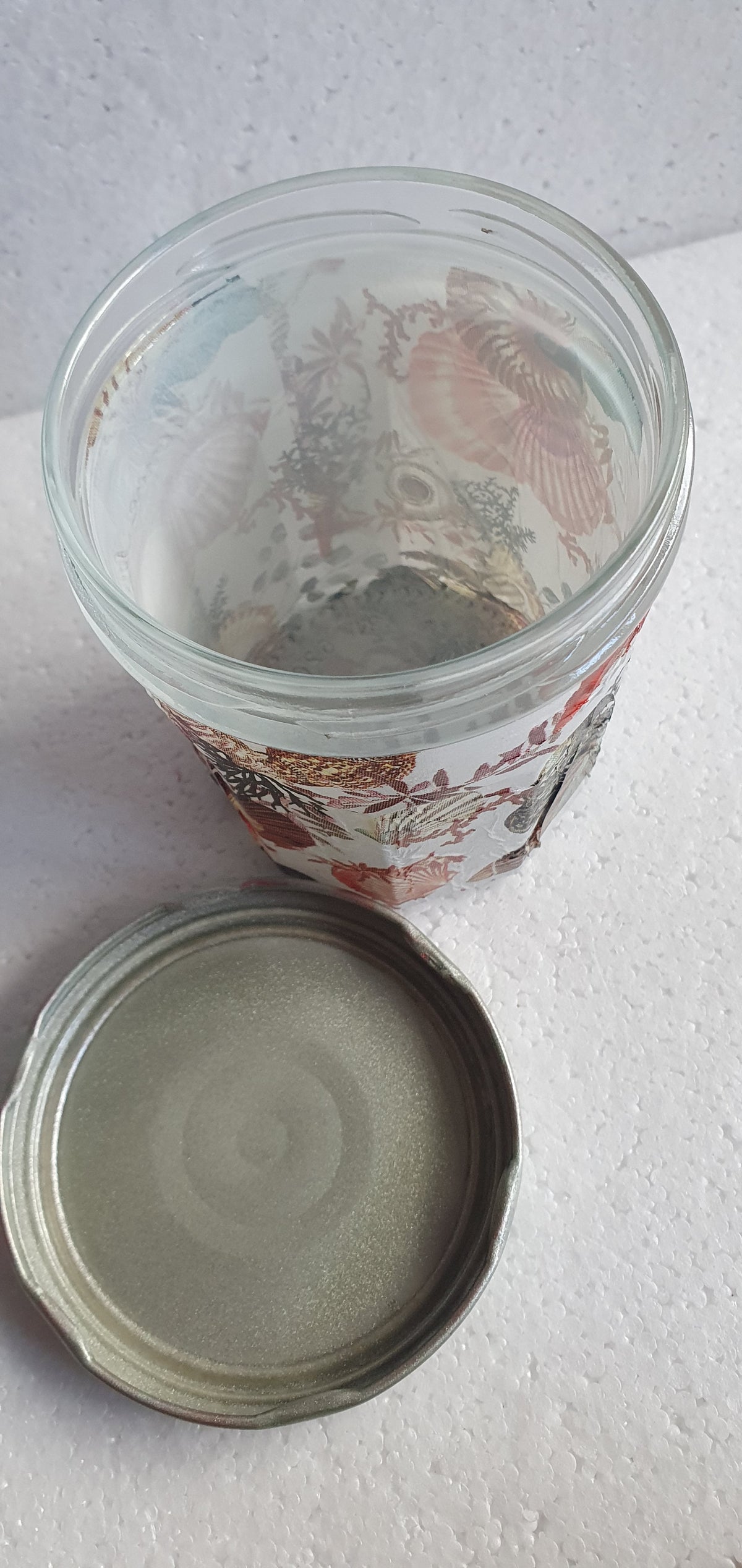 Hand Decorated Storage Jar White Brown Red Shells Marine Crafters Gift