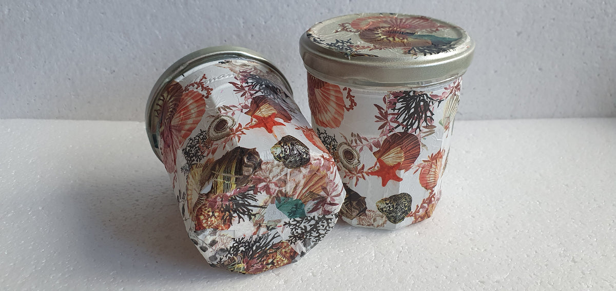 Hand Decorated Storage Jar White Brown Red Shells Marine Crafters Gift