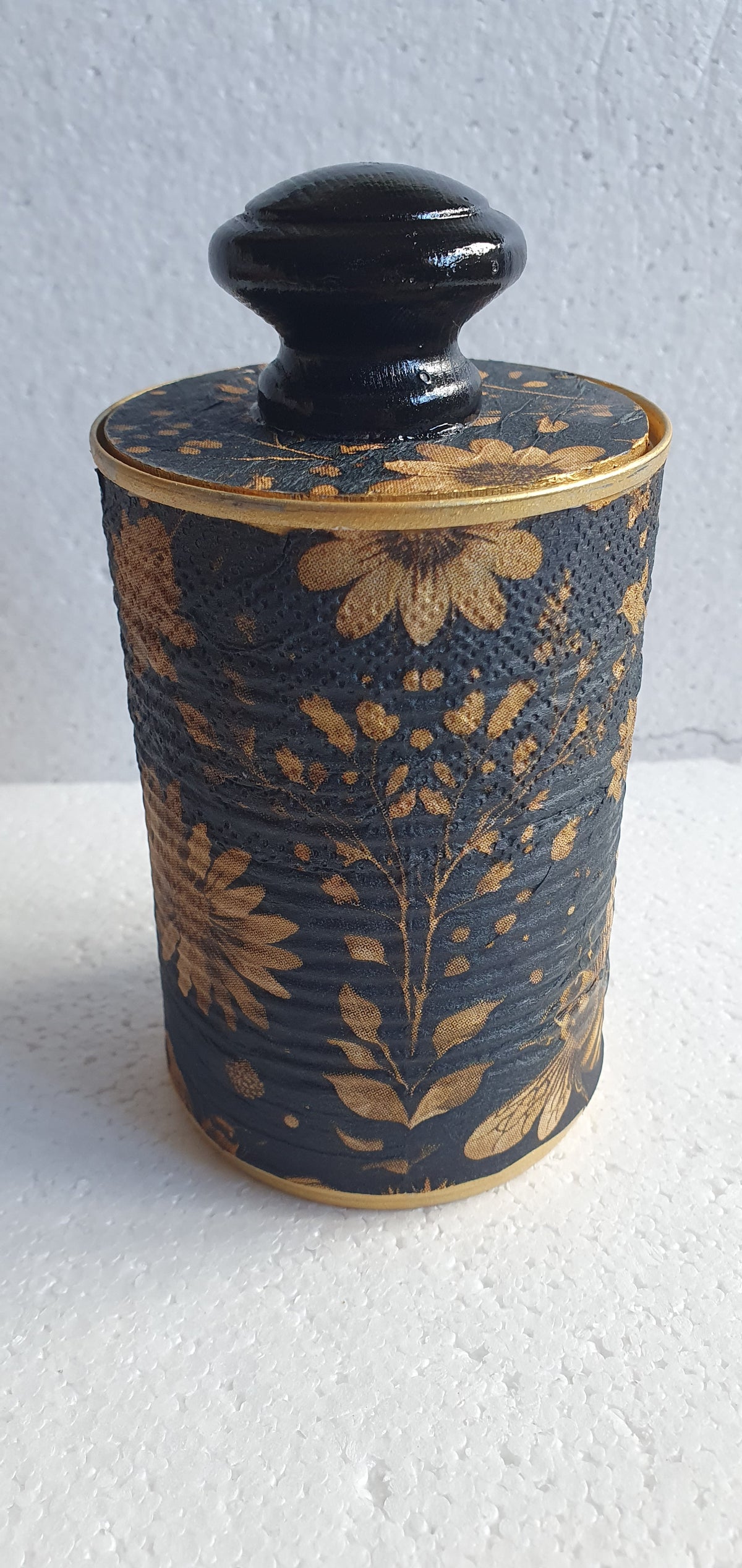 Upcycle Tin Can Desk Tidy With Lid Bees Flowers Brown Black Gold Black Decoupage Hand Decorated Home Decor Gift 2