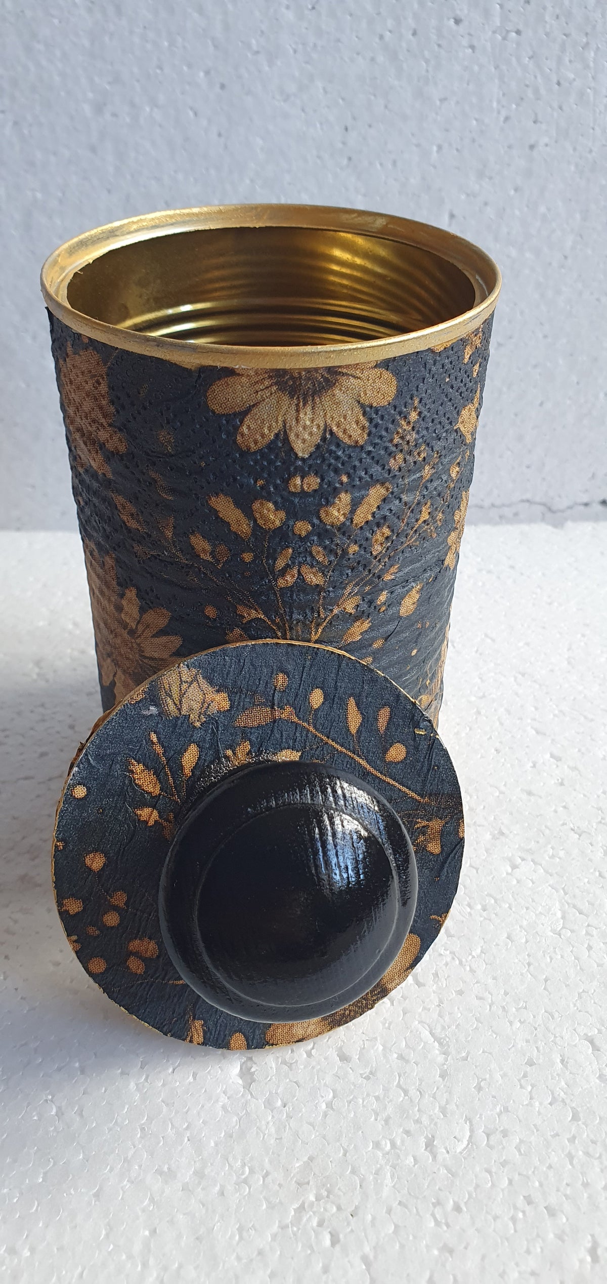 Upcycle Tin Can Desk Tidy With Lid Bees Flowers Brown Black Gold Black Decoupage Hand Decorated Home Decor Gift 2