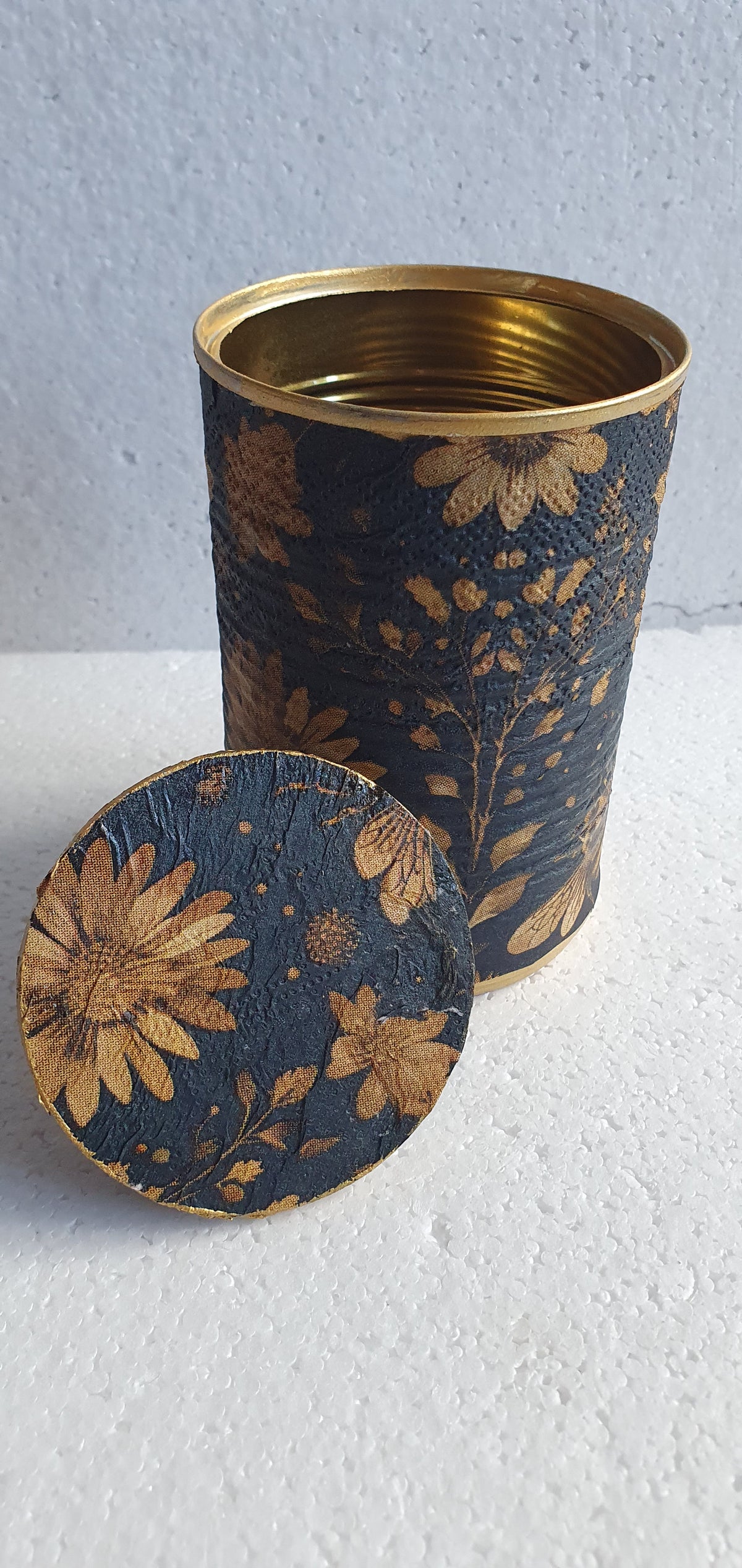Upcycle Tin Can Desk Tidy With Lid Bees Flowers Brown Black Gold Black Decoupage Hand Decorated Home Decor Gift 2