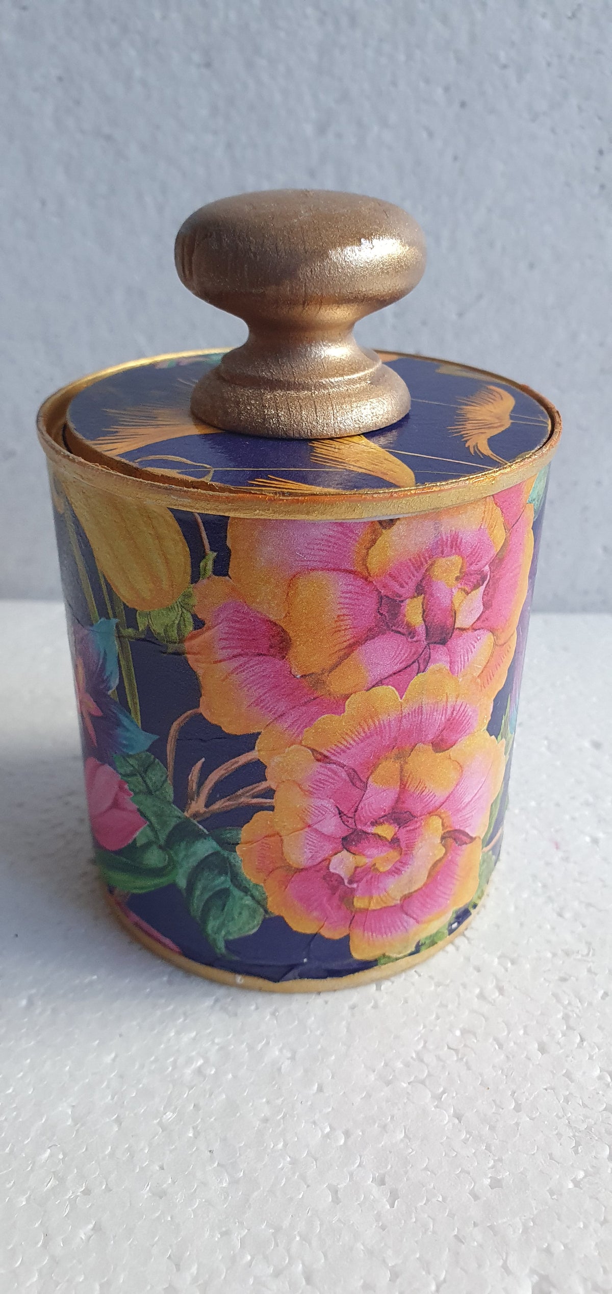 Upcycle Tin Can Desk Tidy With Lid Blue Pink Orange Gold Floral Decoupage Hand Decorated Home Decor Gift