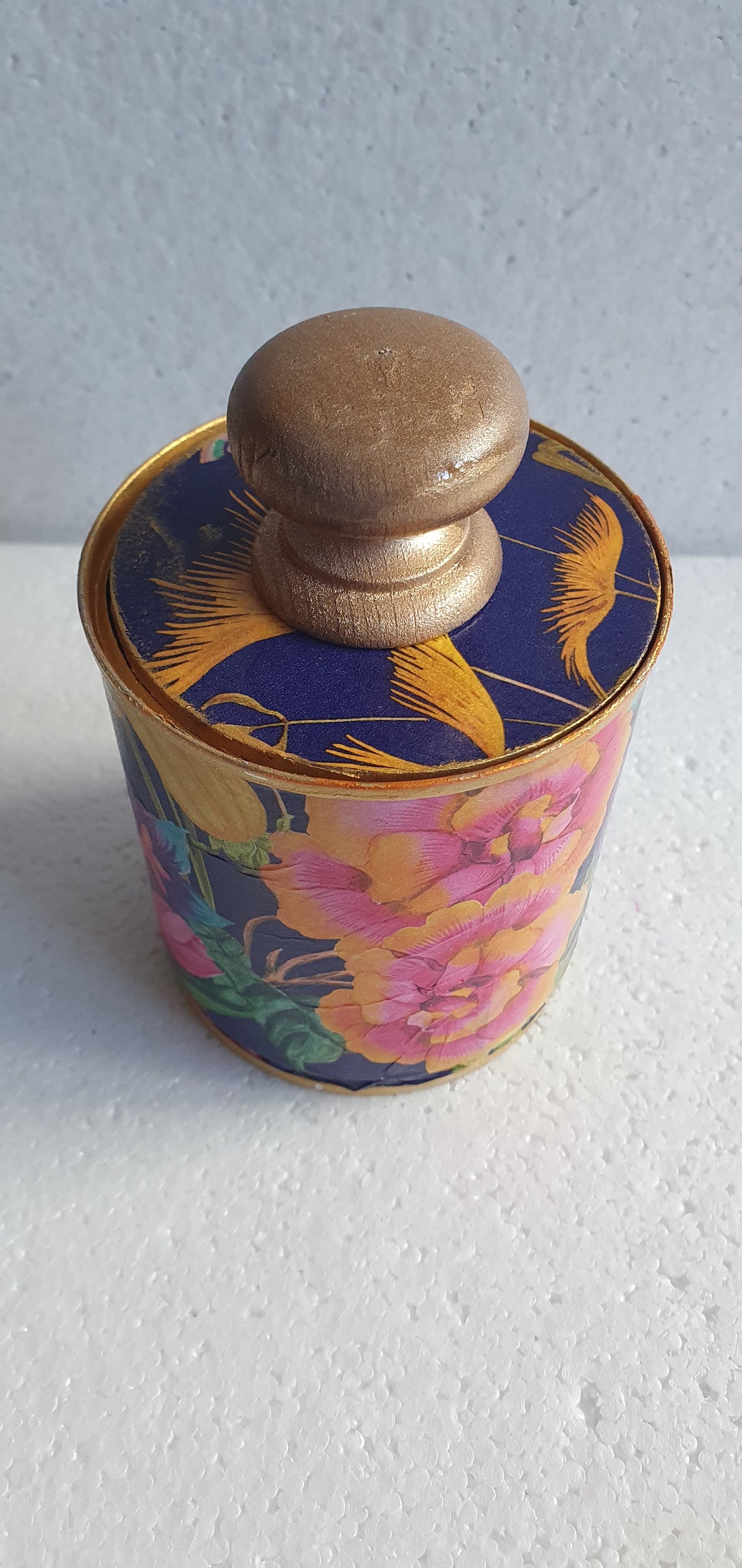 Upcycle Tin Can Desk Tidy With Lid Blue Pink Orange Gold Floral Decoupage Hand Decorated Home Decor Gift