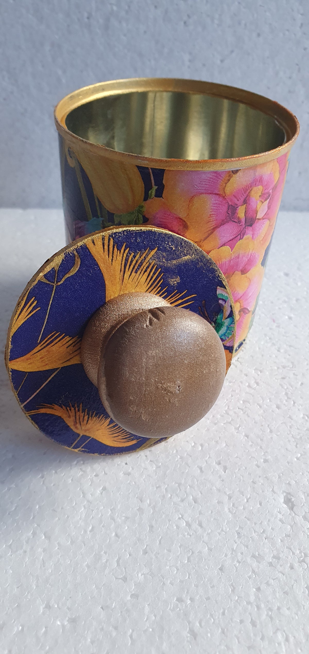 Upcycle Tin Can Desk Tidy With Lid Blue Pink Orange Gold Floral Decoupage Hand Decorated Home Decor Gift
