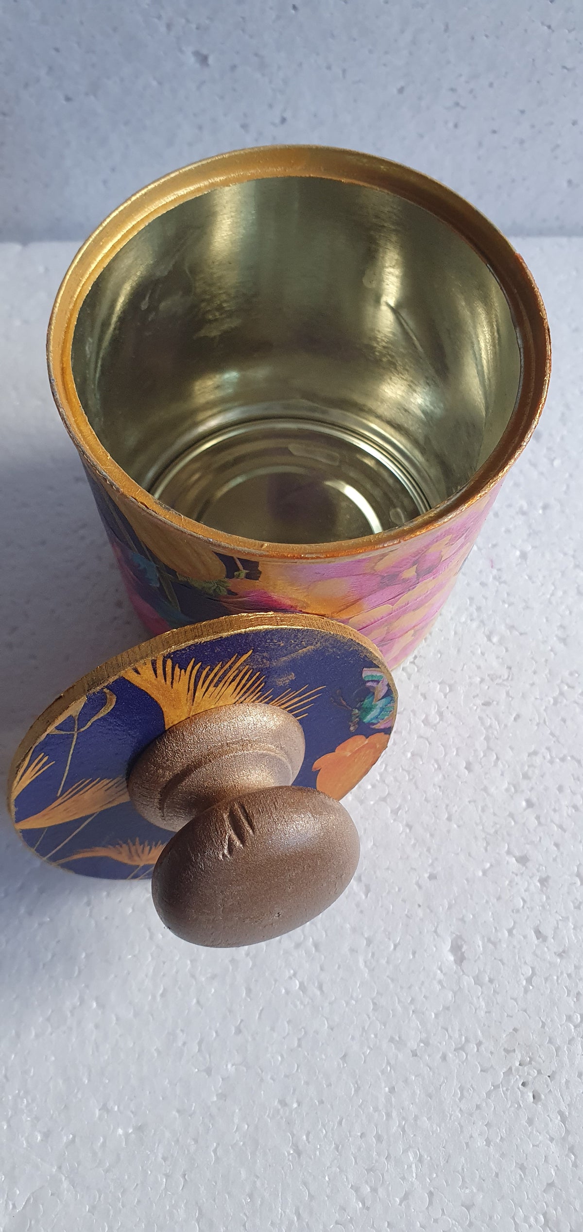 Upcycle Tin Can Desk Tidy With Lid Blue Pink Orange Gold Floral Decoupage Hand Decorated Home Decor Gift