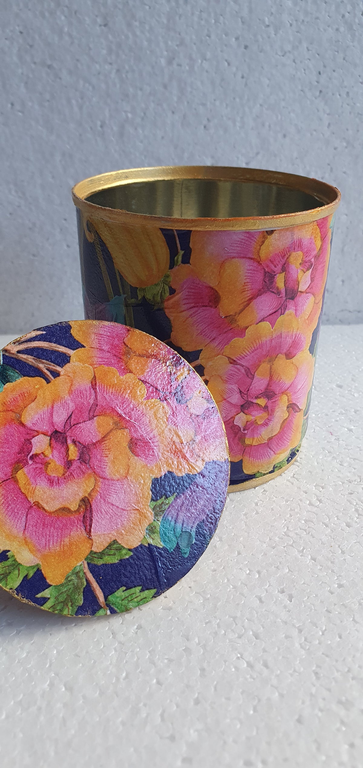Upcycle Tin Can Desk Tidy With Lid Blue Pink Orange Gold Floral Decoupage Hand Decorated Home Decor Gift