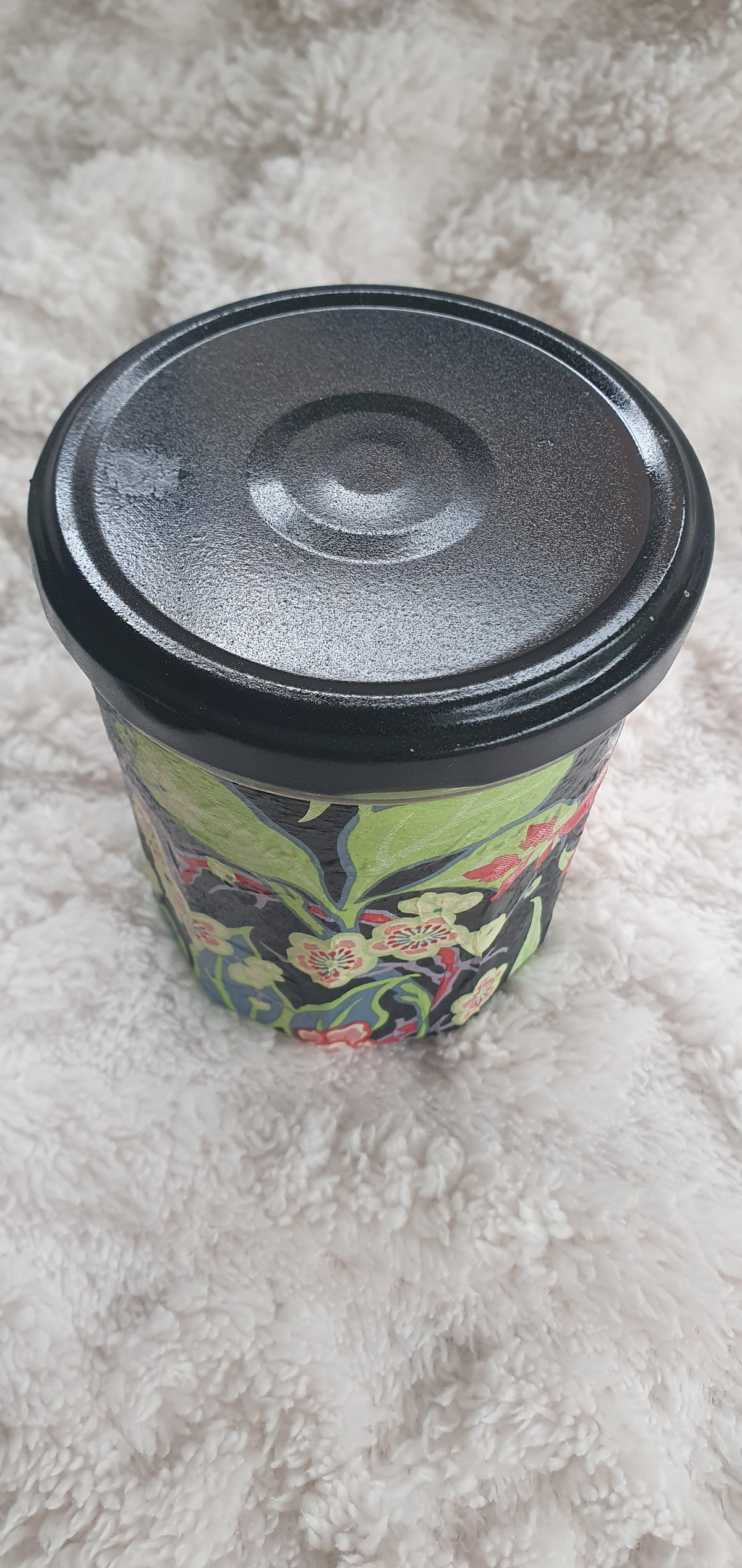 Hand Decorated Storage Jar Red Black Yellow Green Blue Floral Crafters Gift