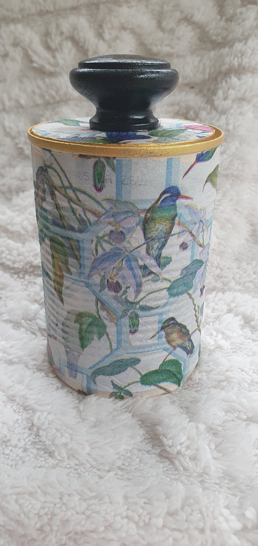 Upcycle Tin Can Desk Tidy With Lid Pink Green White Gold Hummingbirds Decoupage Hand Decorated Home Decor Gift