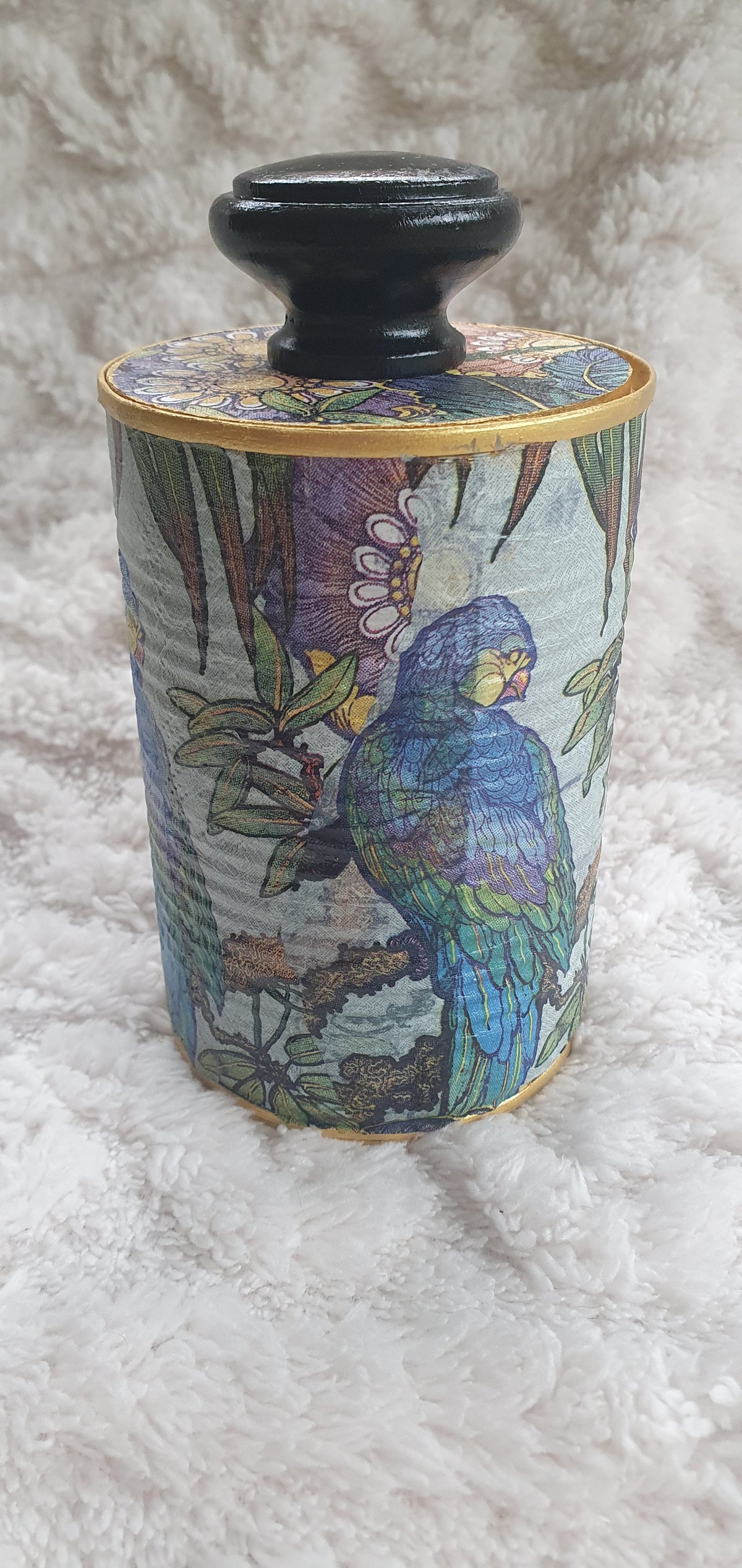 Upcycle Tin Can Desk Tidy With Lid Blue Purple Green Gold Parrots Decoupage Hand Decorated Home Decor Gift 4