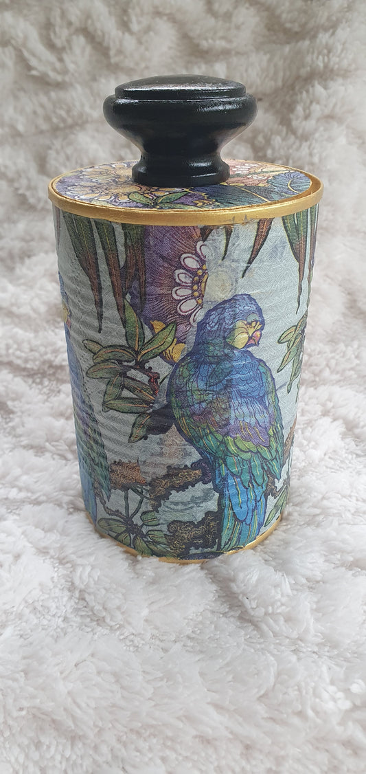 Upcycle Tin Can Desk Tidy With Lid Blue Purple Green Gold Parrots Decoupage Hand Decorated Home Decor Gift 4