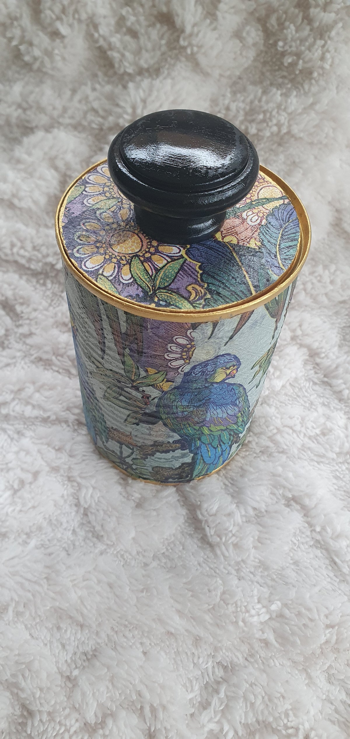 Upcycle Tin Can Desk Tidy With Lid Blue Purple Green Gold Parrots Decoupage Hand Decorated Home Decor Gift 4