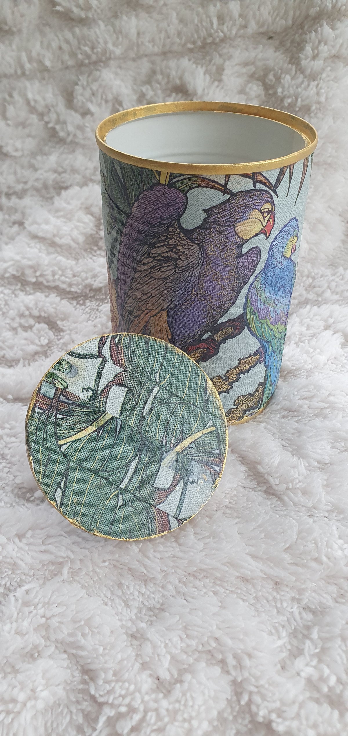 Upcycle Tin Can Desk Tidy With Lid Blue Purple Green Gold Parrots Decoupage Hand Decorated Home Decor Gift 4