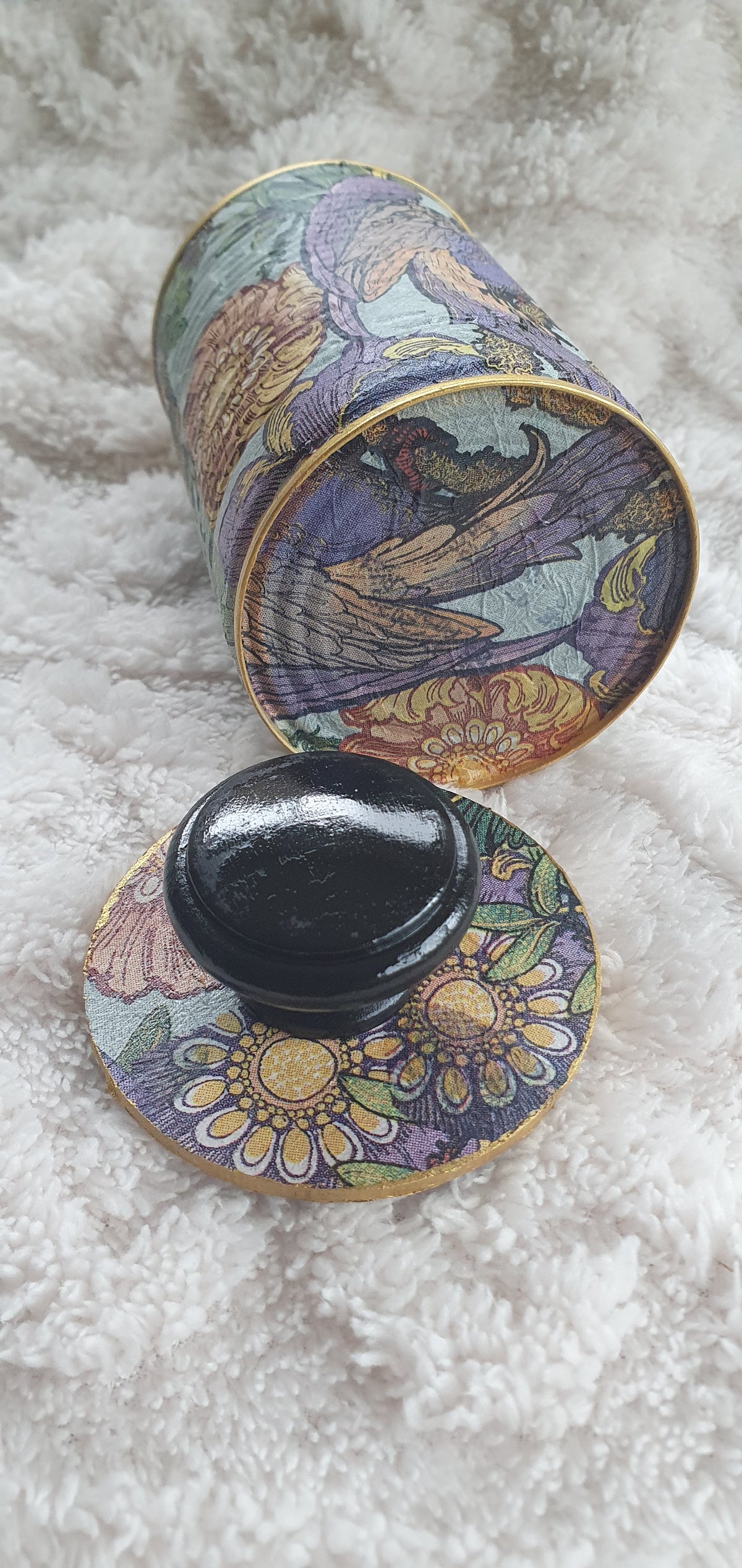 Upcycle Tin Can Desk Tidy With Lid Blue Purple Green Gold Parrots Decoupage Hand Decorated Home Decor Gift 4