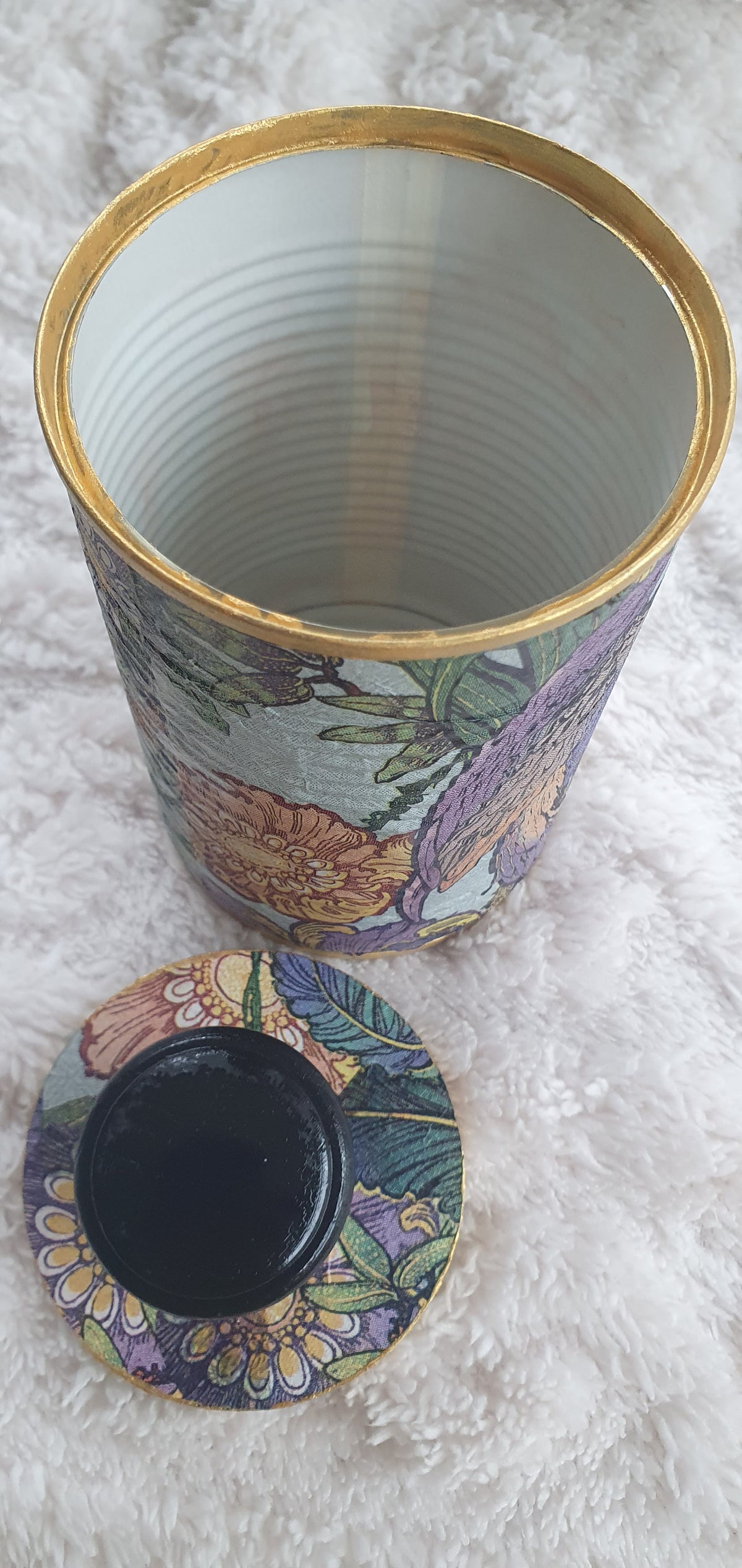 Upcycle Tin Can Desk Tidy With Lid Blue Purple Green Gold Parrots Decoupage Hand Decorated Home Decor Gift 4