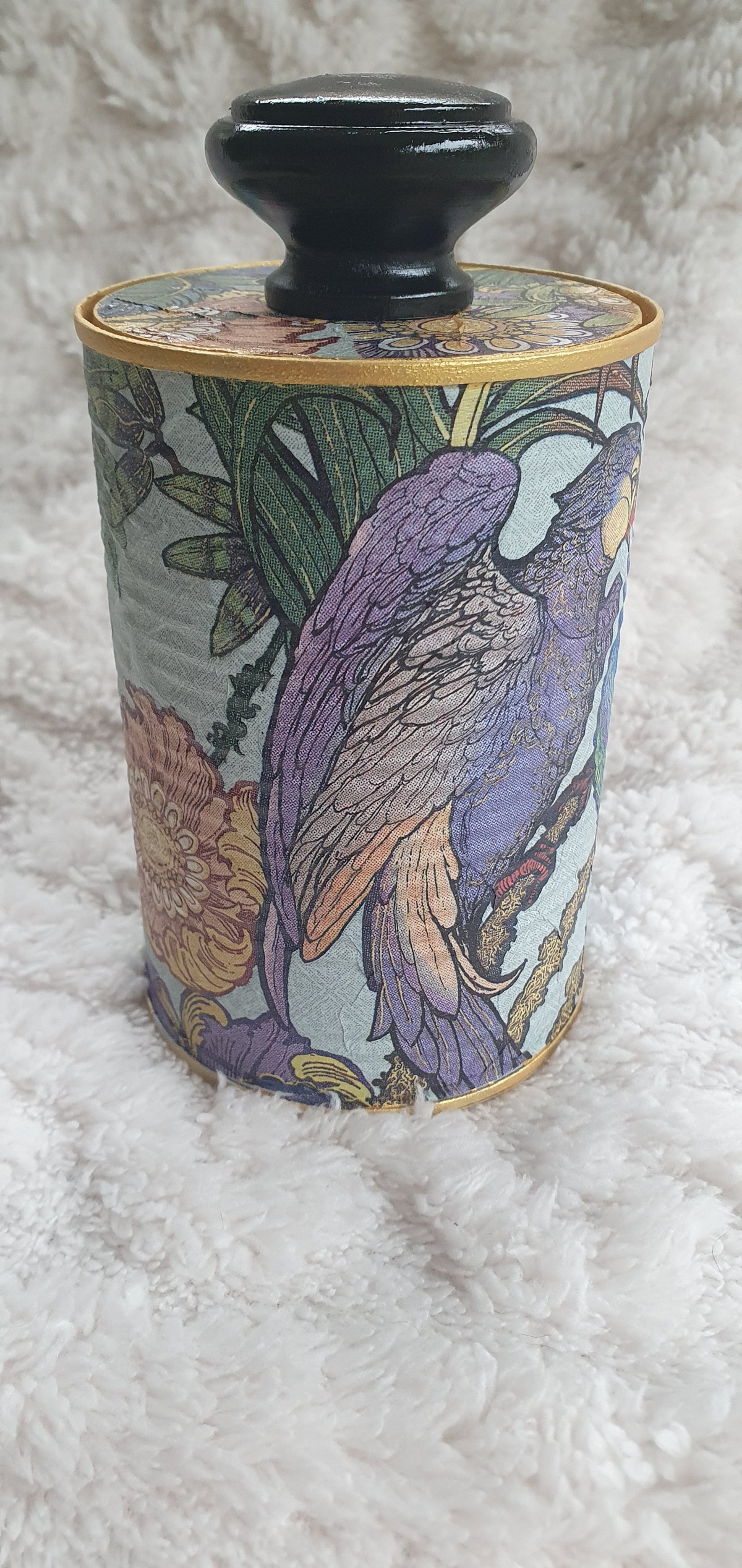 Upcycle Tin Can Desk Tidy With Lid Blue Purple Green Gold Parrots Decoupage Hand Decorated Home Decor Gift 3
