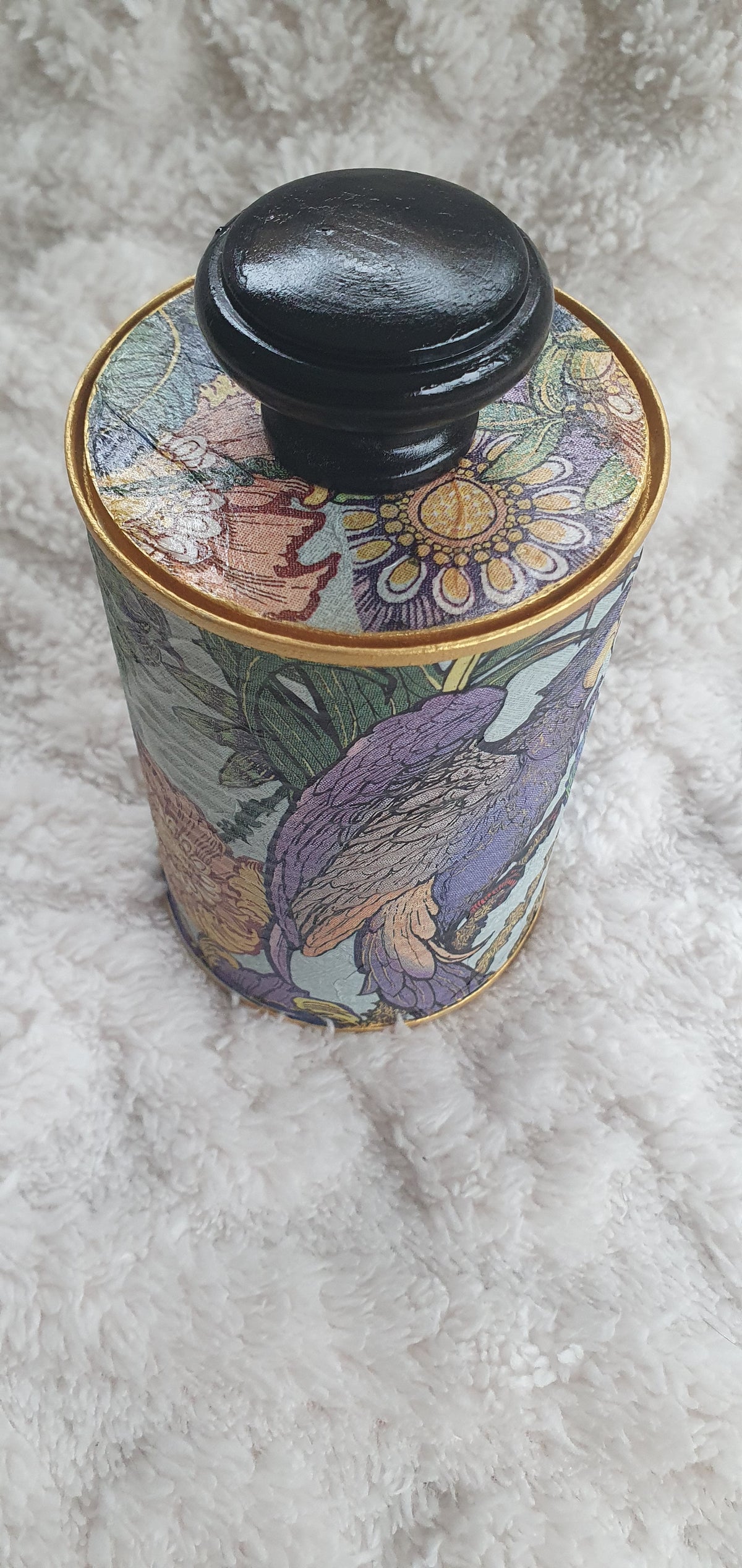 Upcycle Tin Can Desk Tidy With Lid Blue Purple Green Gold Parrots Decoupage Hand Decorated Home Decor Gift 3