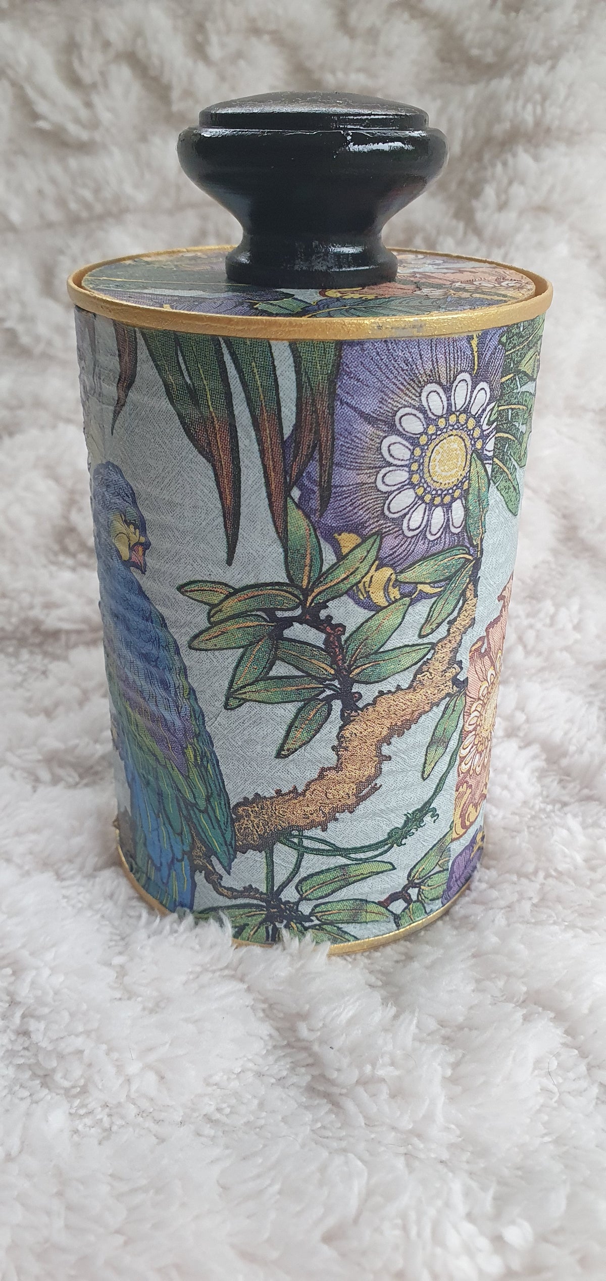 Upcycle Tin Can Desk Tidy With Lid Blue Purple Green Gold Parrots Decoupage Hand Decorated Home Decor Gift 3