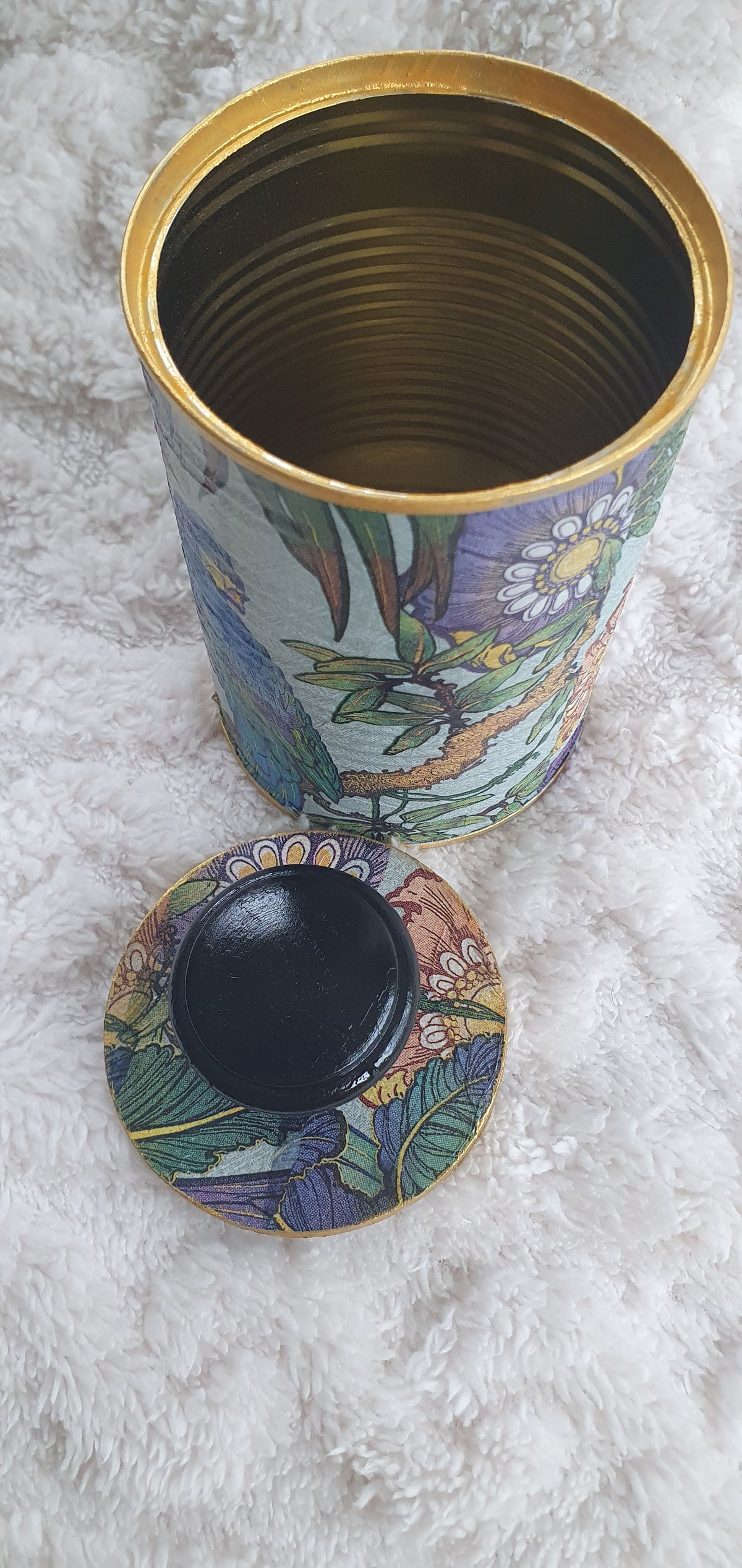 Upcycle Tin Can Desk Tidy With Lid Blue Purple Green Gold Parrots Decoupage Hand Decorated Home Decor Gift 3