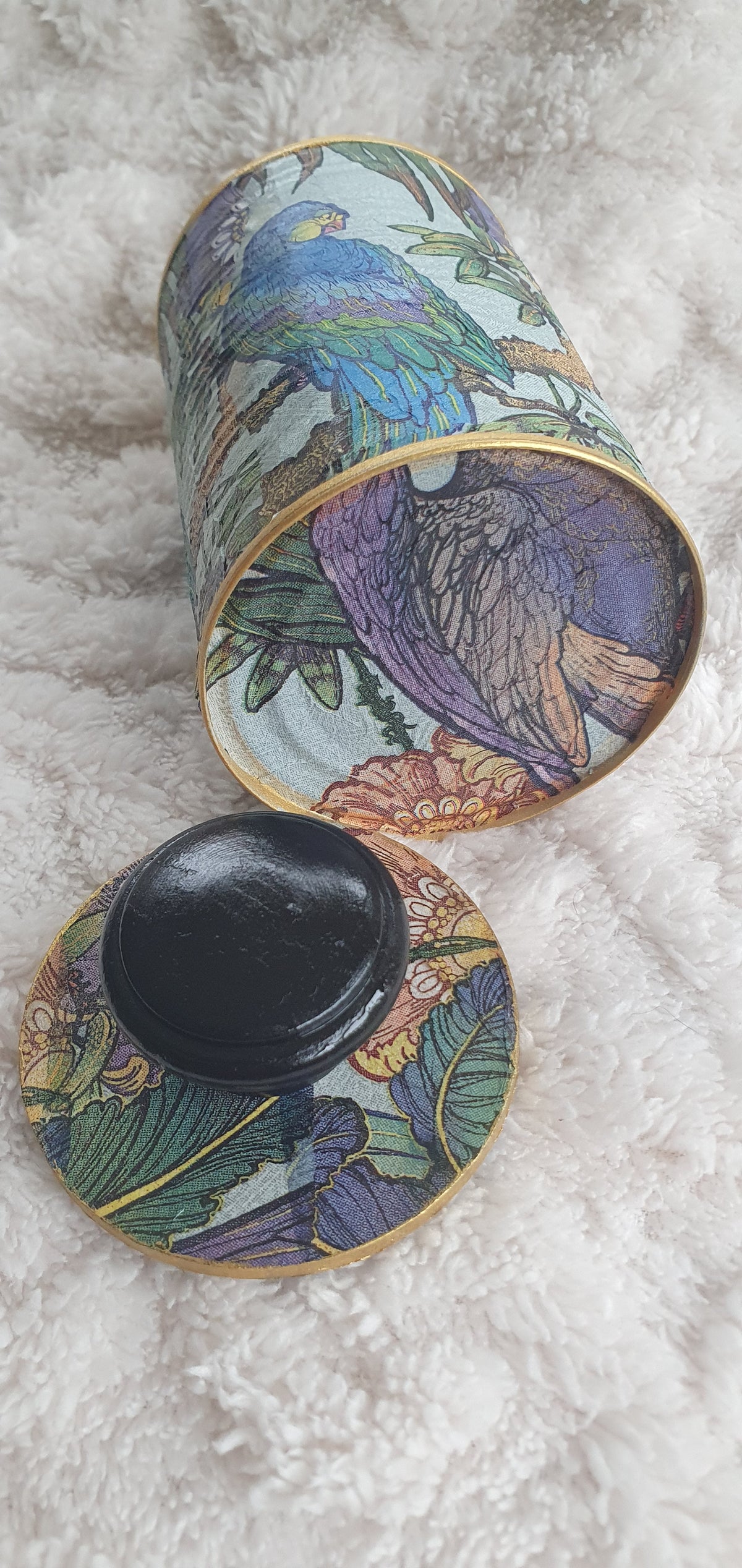 Upcycle Tin Can Desk Tidy With Lid Blue Purple Green Gold Parrots Decoupage Hand Decorated Home Decor Gift 3