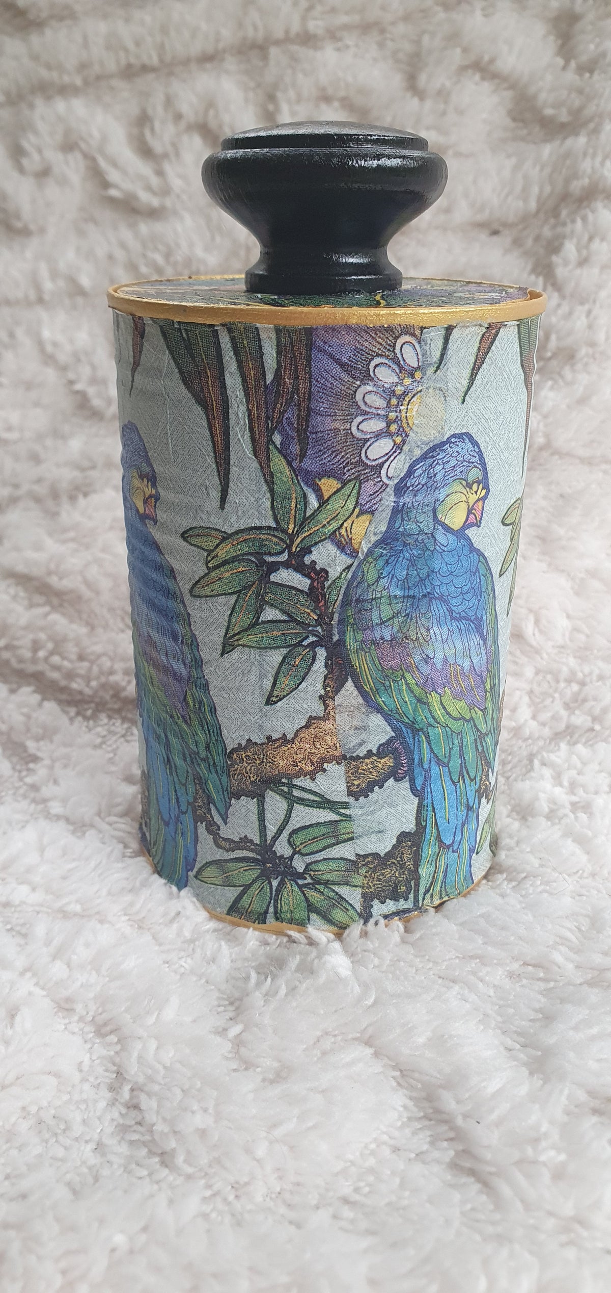 Upcycle Tin Can Desk Tidy With Lid Blue Purple Green Gold Parrots Decoupage Hand Decorated Home Decor Gift 2