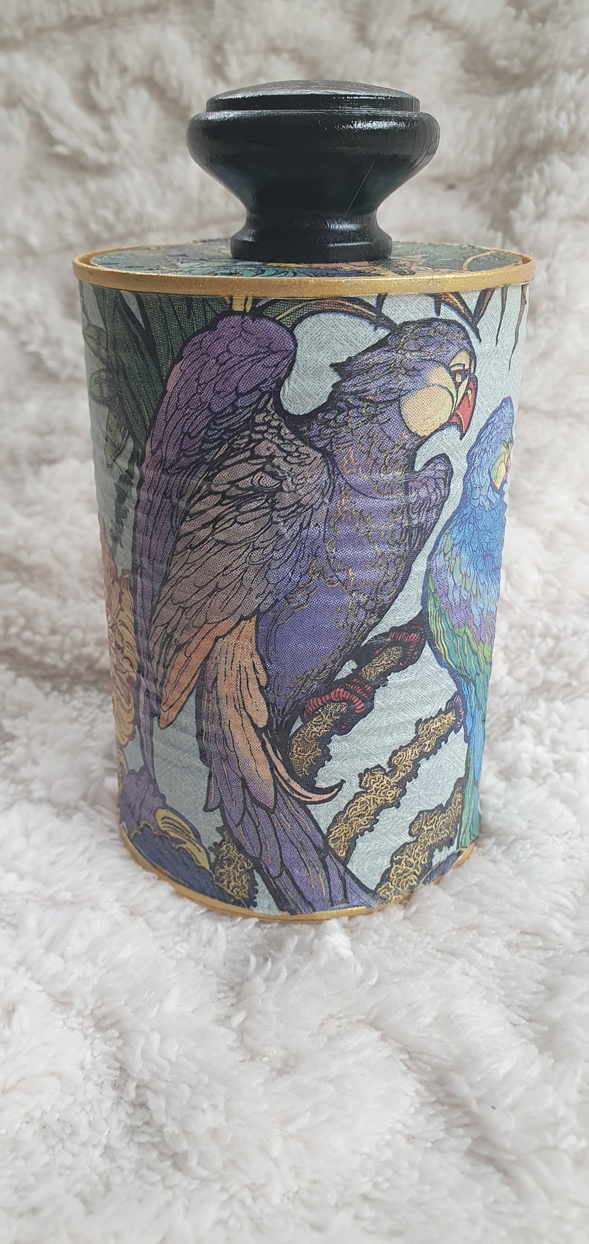 Upcycle Tin Can Desk Tidy With Lid Blue Purple Green Gold Parrots Decoupage Hand Decorated Home Decor Gift 2